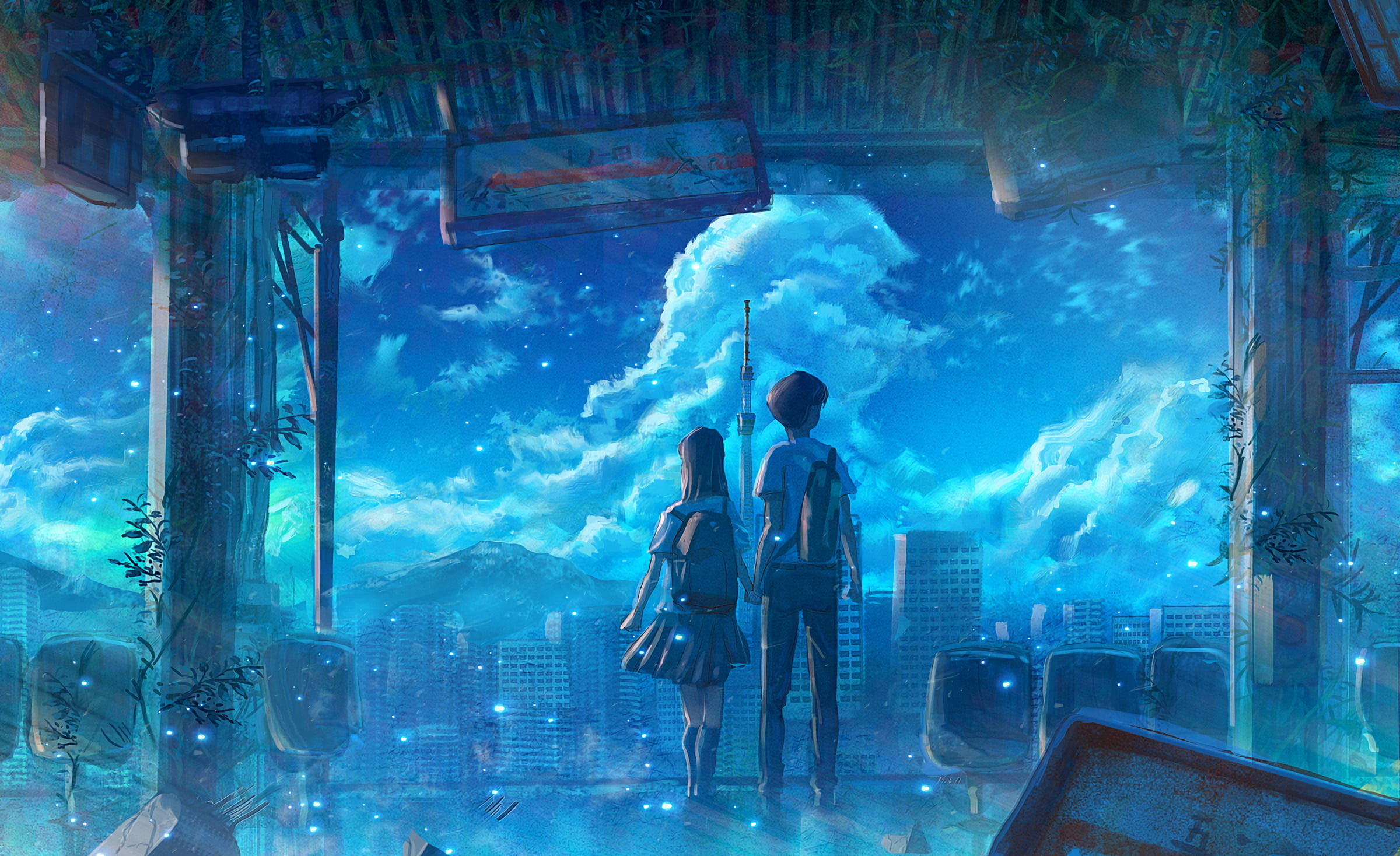 Blue Aesthetic Aesthetic Anime Couple, glowing blue sky, futuristic cityscape, Full HD Desktop Wallpaper