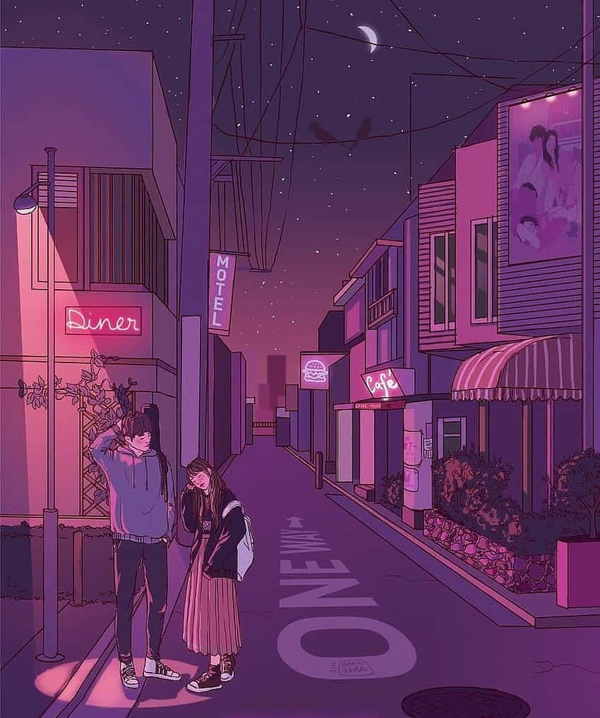 blushing couple, lofi anime, neon-lit street, SD Phone Wallpaper