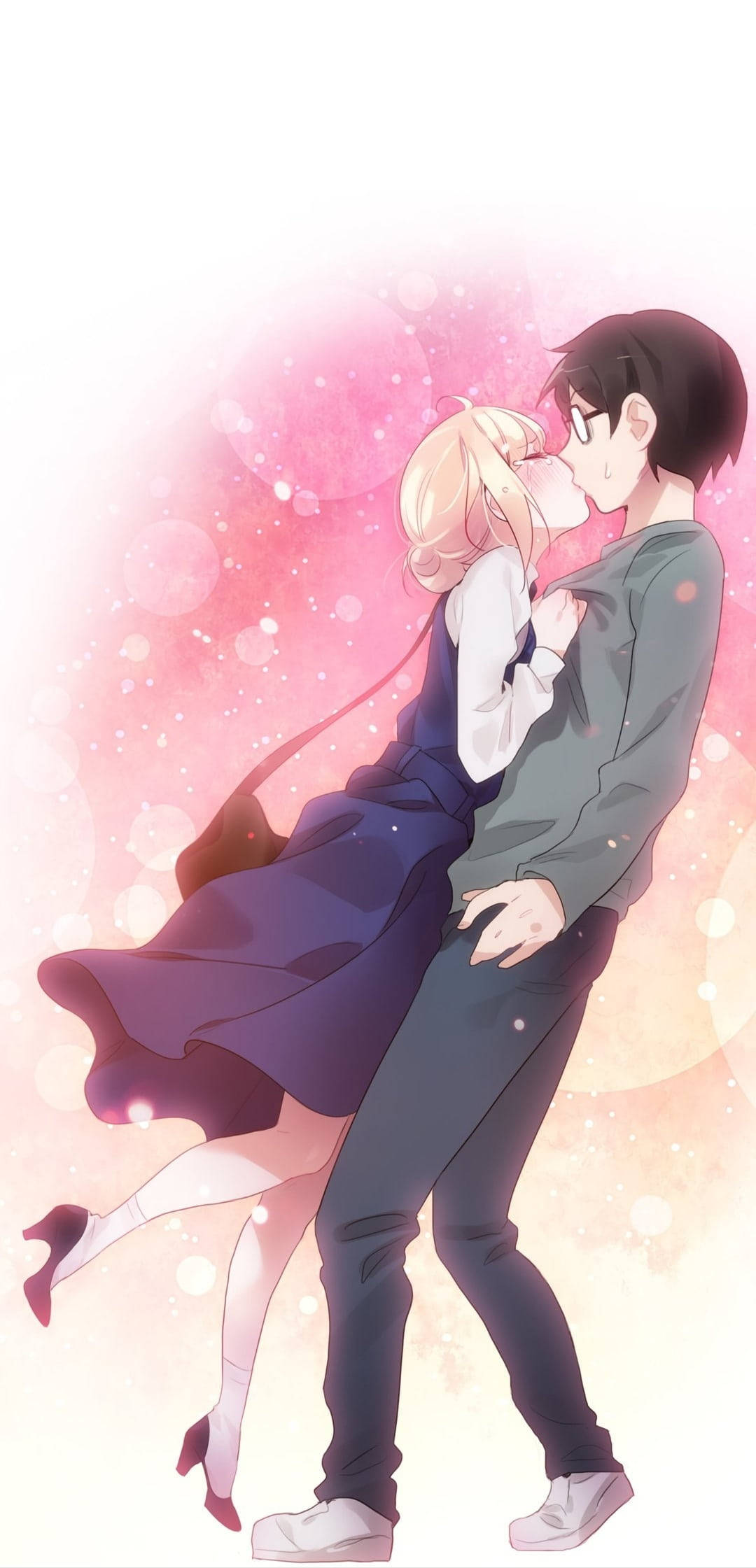 kissing aesthetic anime couple, tender anime couple, soft pink bokeh background, Full HD Phone Wallpaper