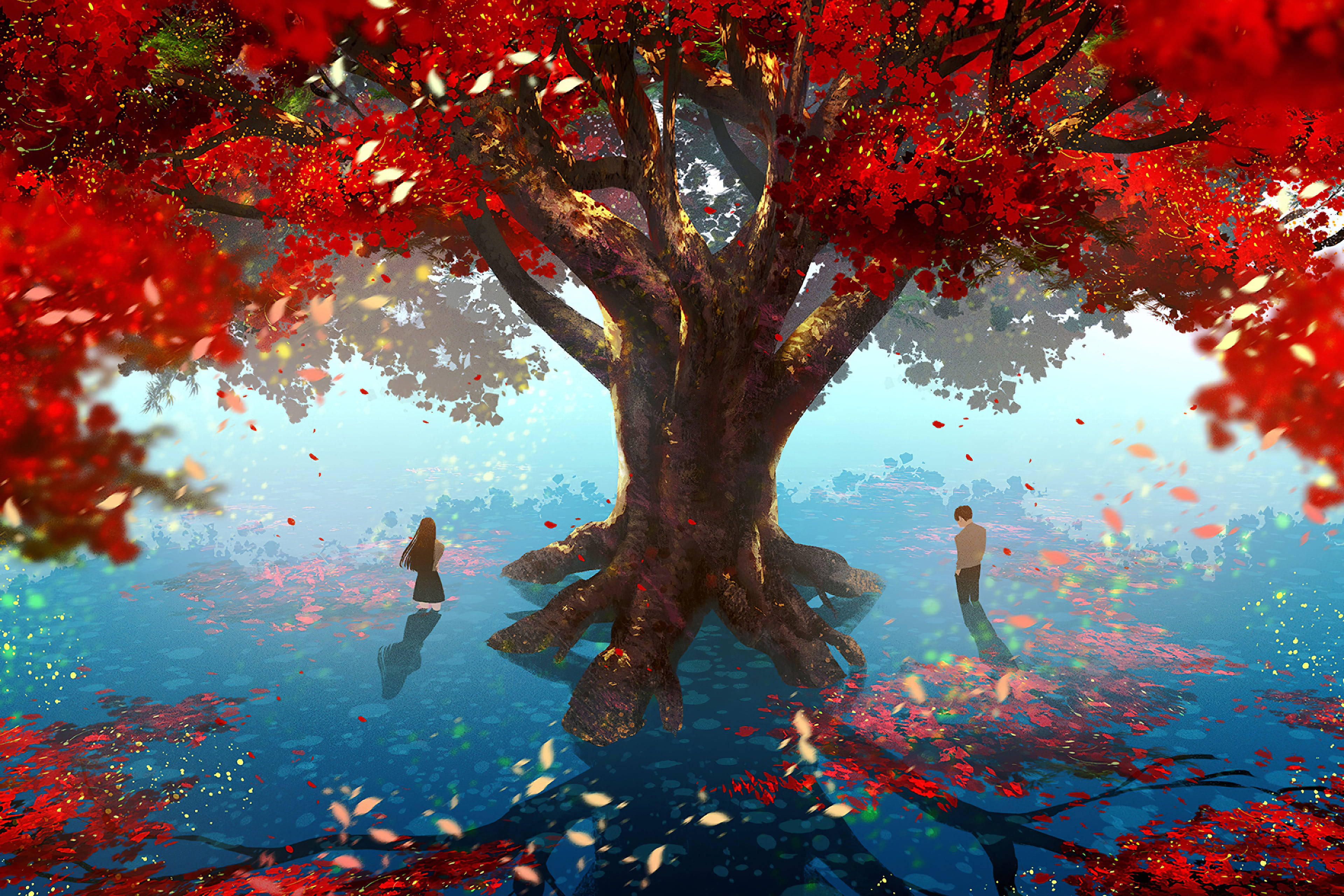 dramatic aesthetic anime couple, colossal tree, fiery red leaves, 4K Desktop Wallpaper