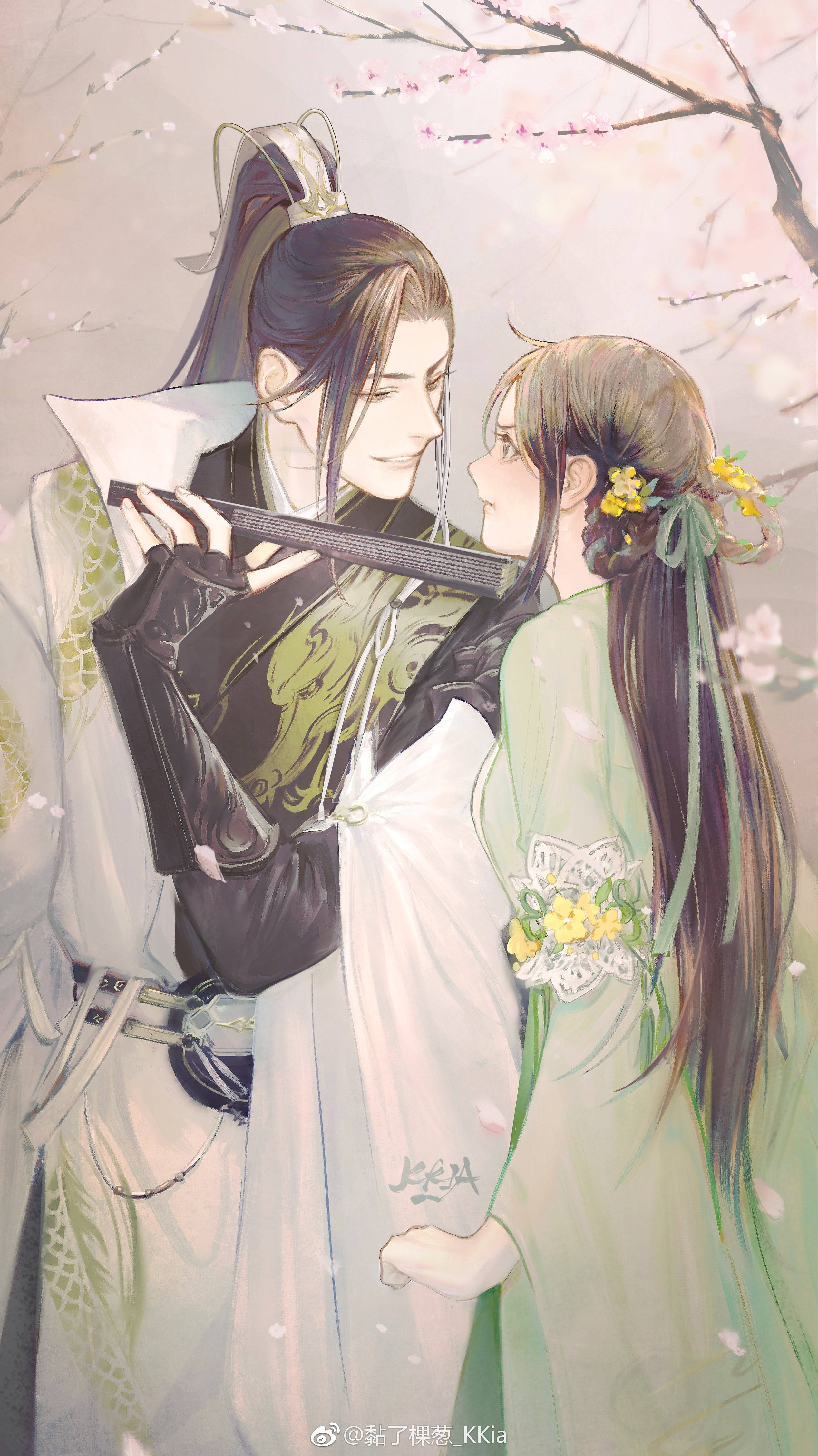 The Evil Peasant Girl Aesthetic Anime Couple, traditional robes, cherry blossoms, 4K Phone Wallpaper
