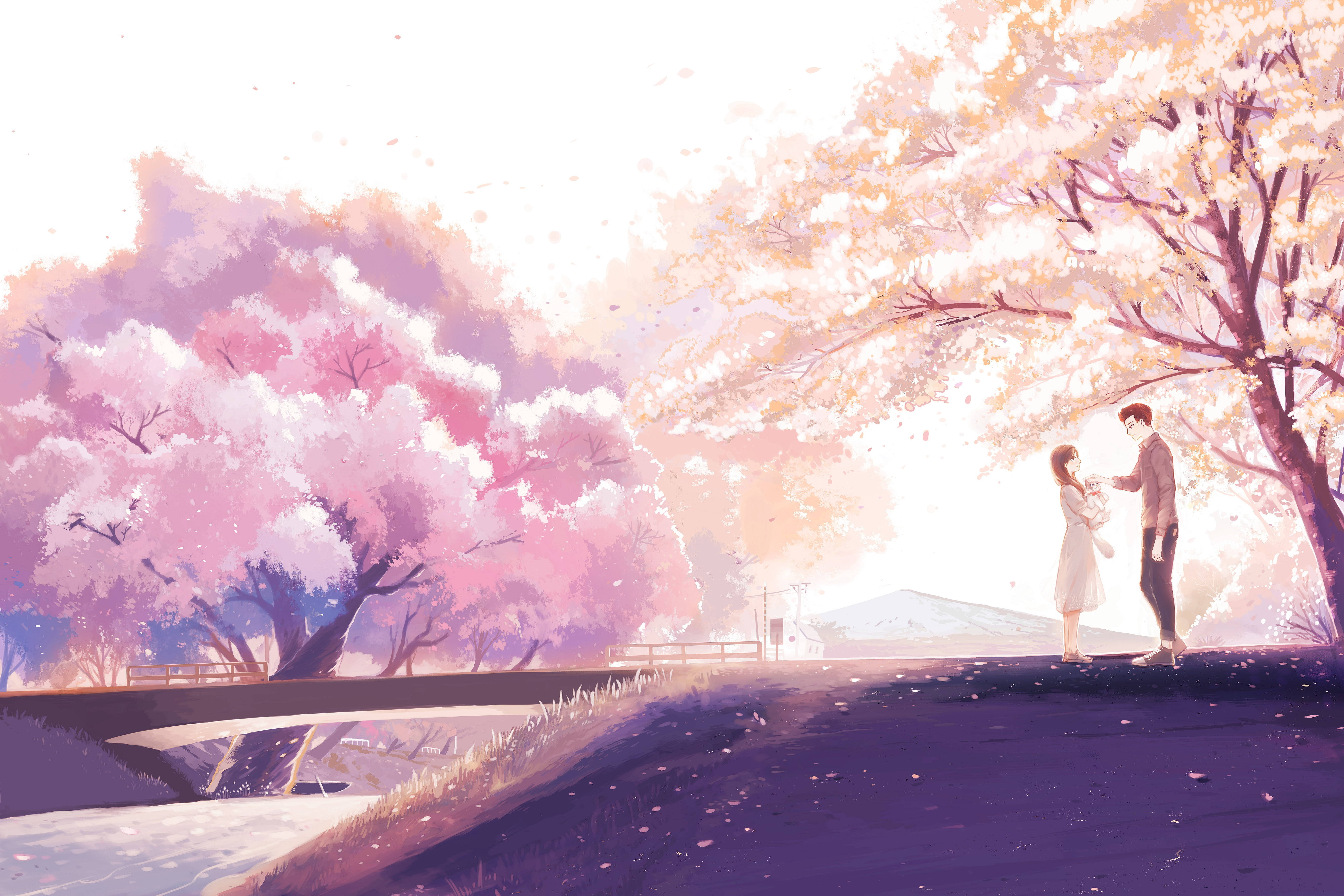 Cherry Blossoms, Aesthetic Anime Couple, blooming cherry trees, 5K Desktop Wallpaper