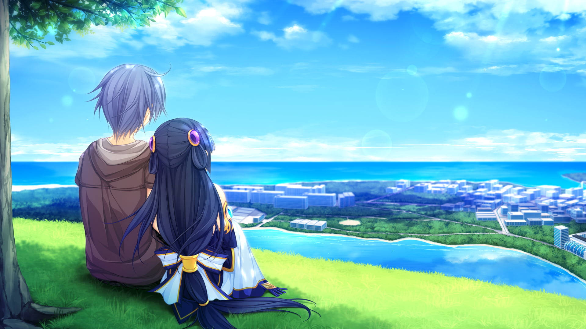 anime couple, grassy hill, coastal city, Full HD Desktop Wallpaper