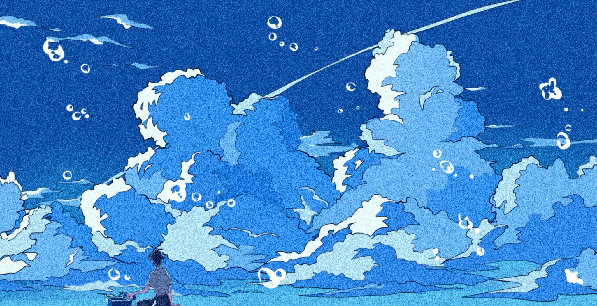 aesthetic anime desktop, blue clouds, floating bubbles, Full HD Desktop Wallpaper
