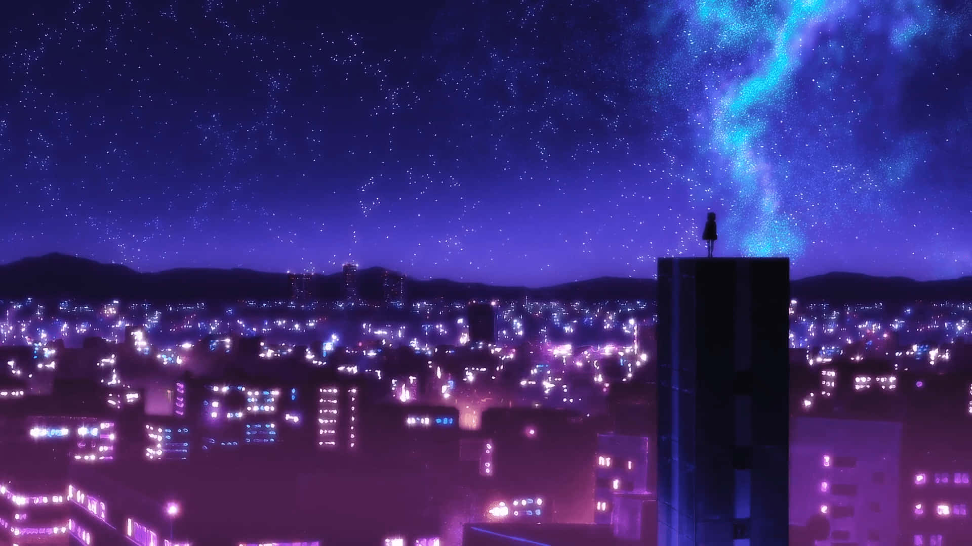 Purple Night Anime City, glowing purple city, starry night sky, Full HD Desktop Wallpaper