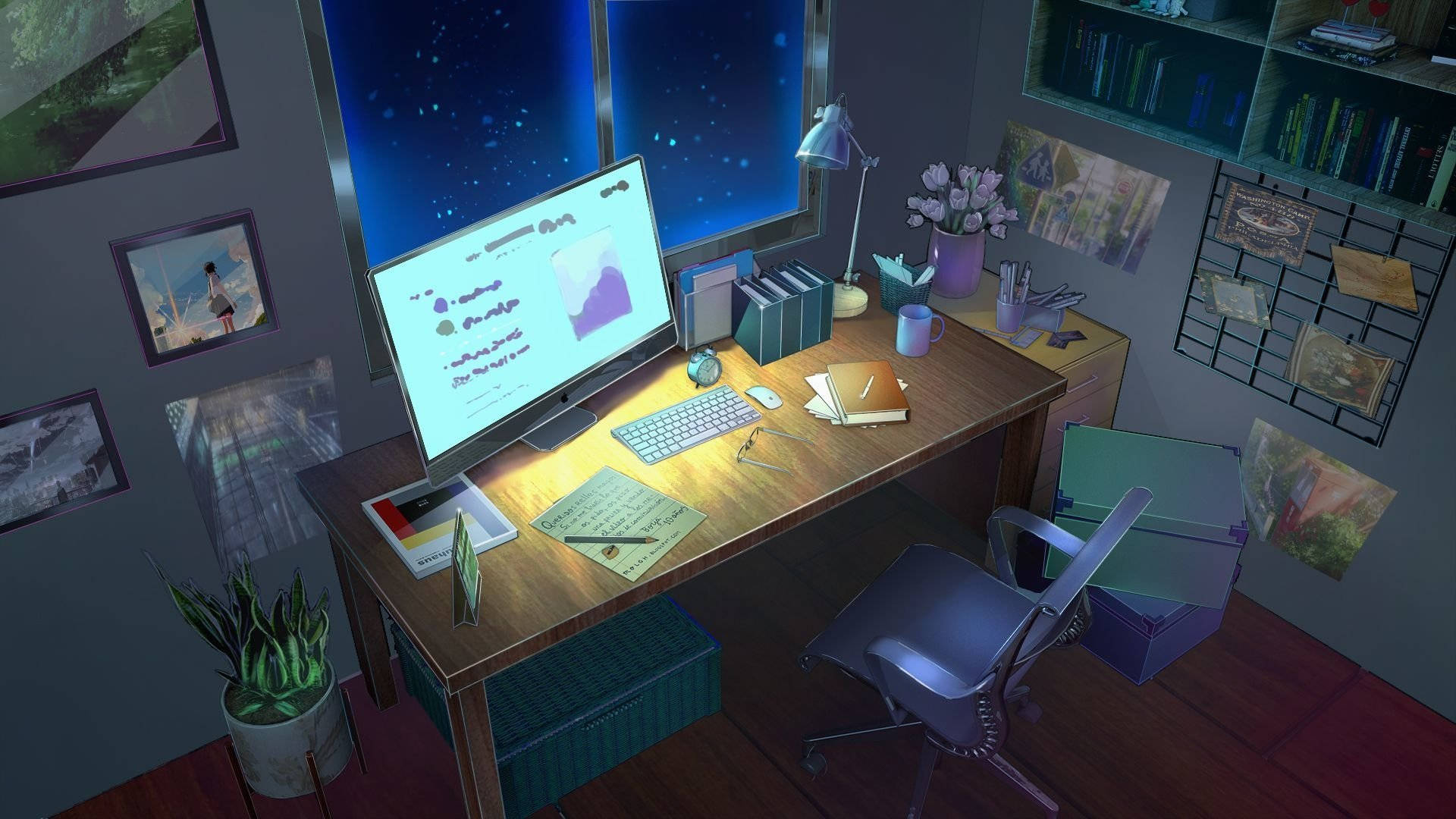 Anime Workstation Setup Laptop, digital-art styled home office, glowing monitor, Full HD Desktop Wallpaper