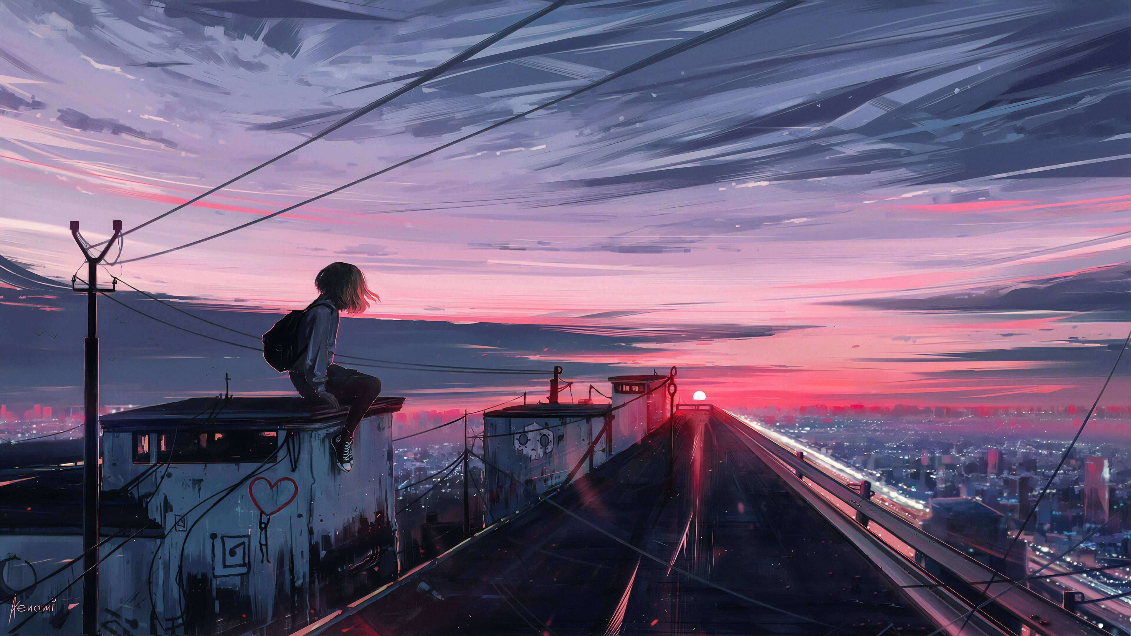 Aesthetic Anime Desktop, girl, rooftop, 4K Desktop Wallpaper