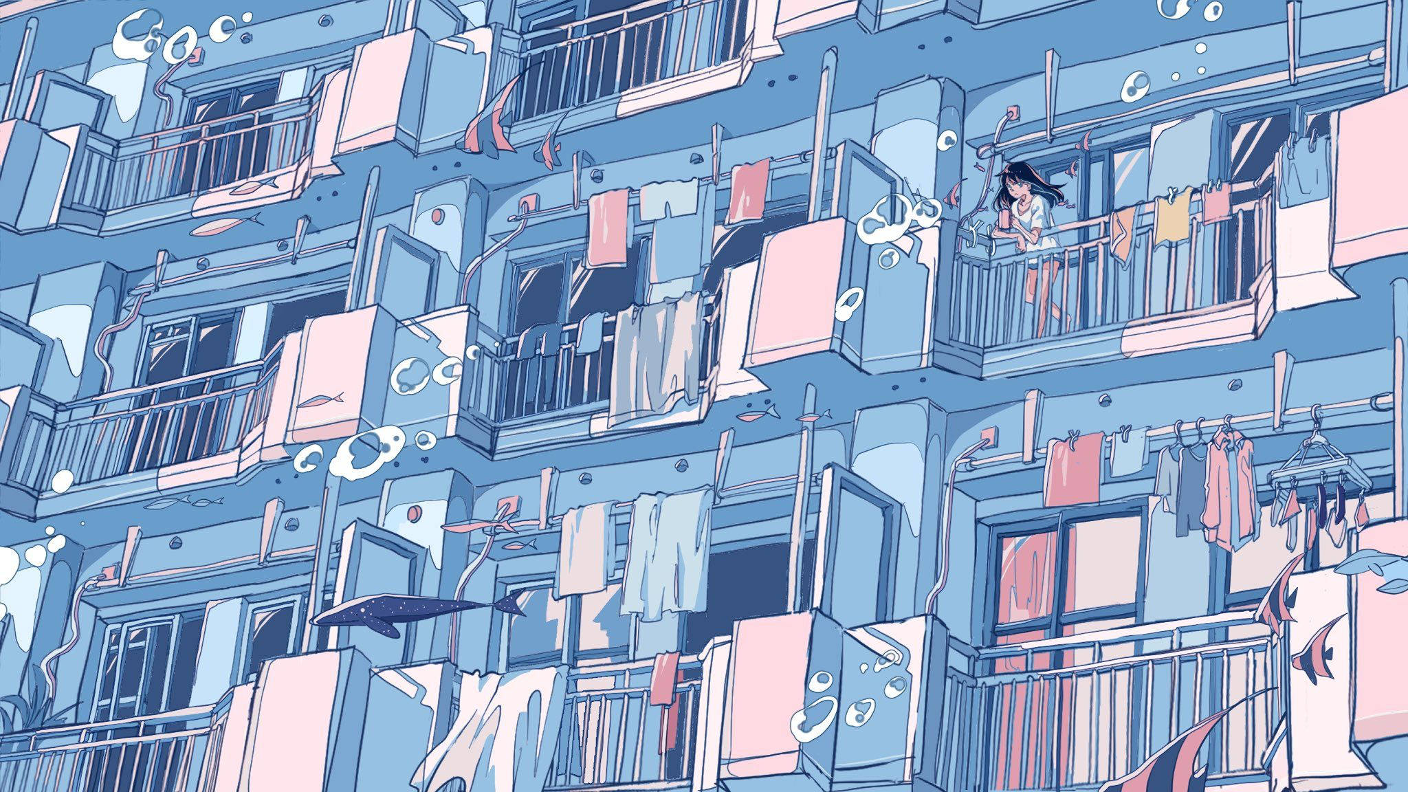 anime girl, submerged apartment building, clotheslines, Full HD Desktop Wallpaper