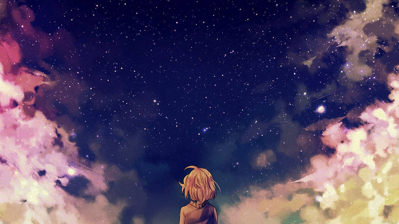 anime girl, blonde hair, starry night sky, HD Desktop Wallpaper
