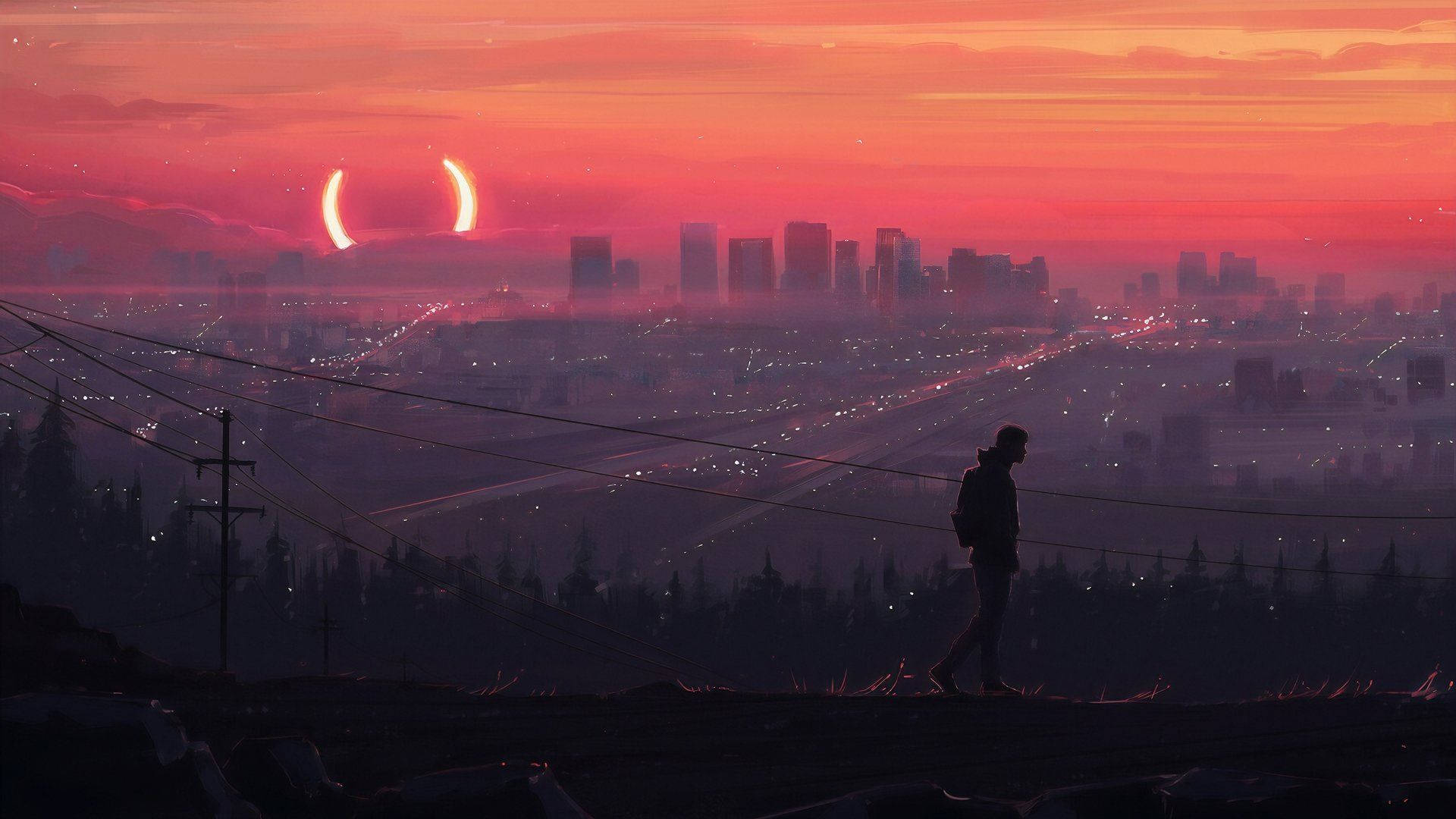 man walking, sunset, double eclipse, Full HD Desktop Wallpaper
