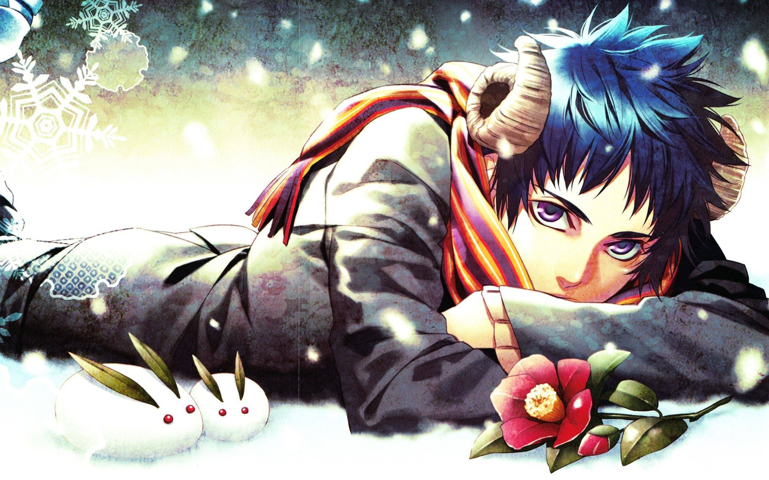blue-haired anime boy, ram horns, snow, 2K Desktop Wallpaper