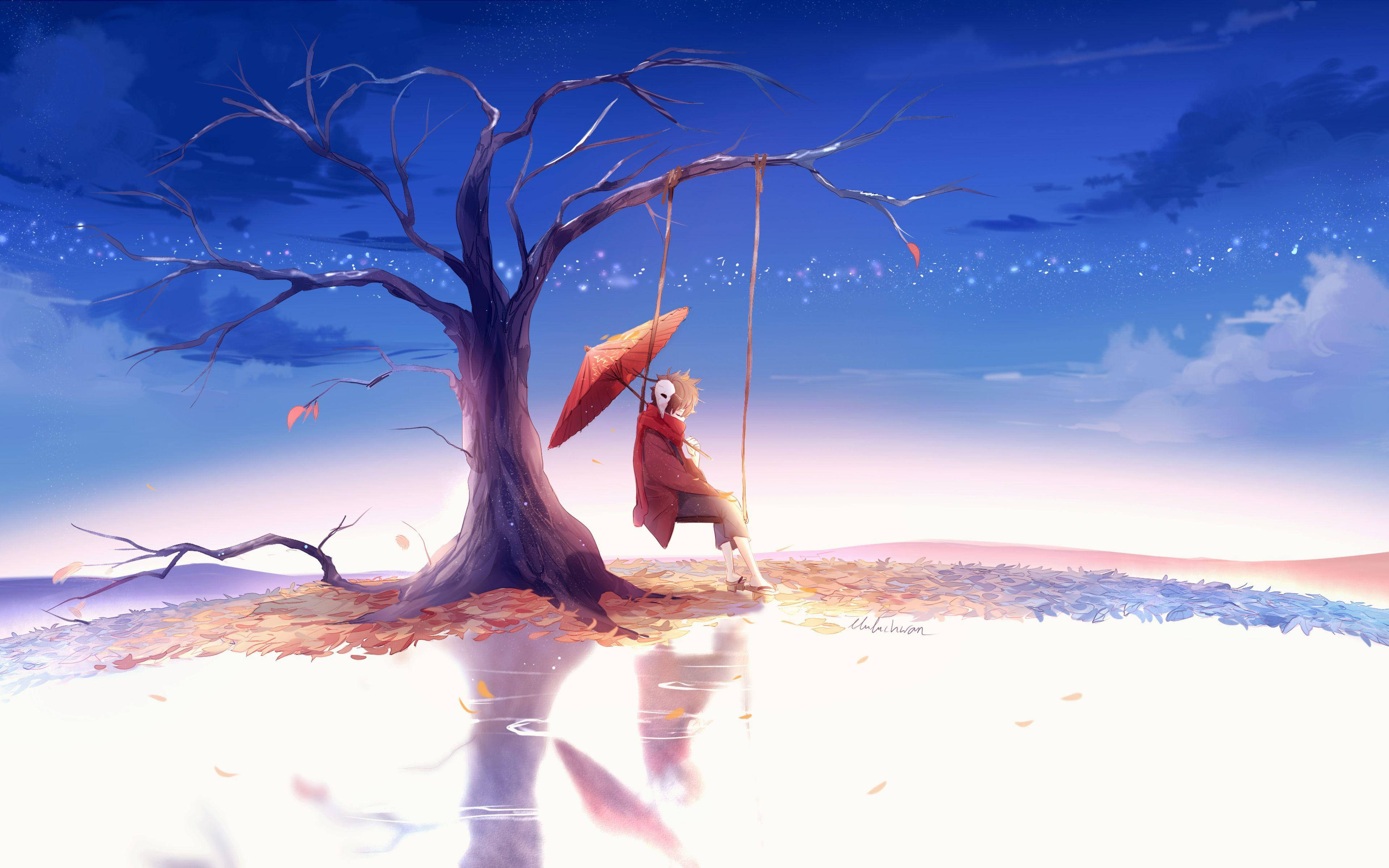 Aesthetic Anime Desktop, boy, swing, 4K Desktop Wallpaper