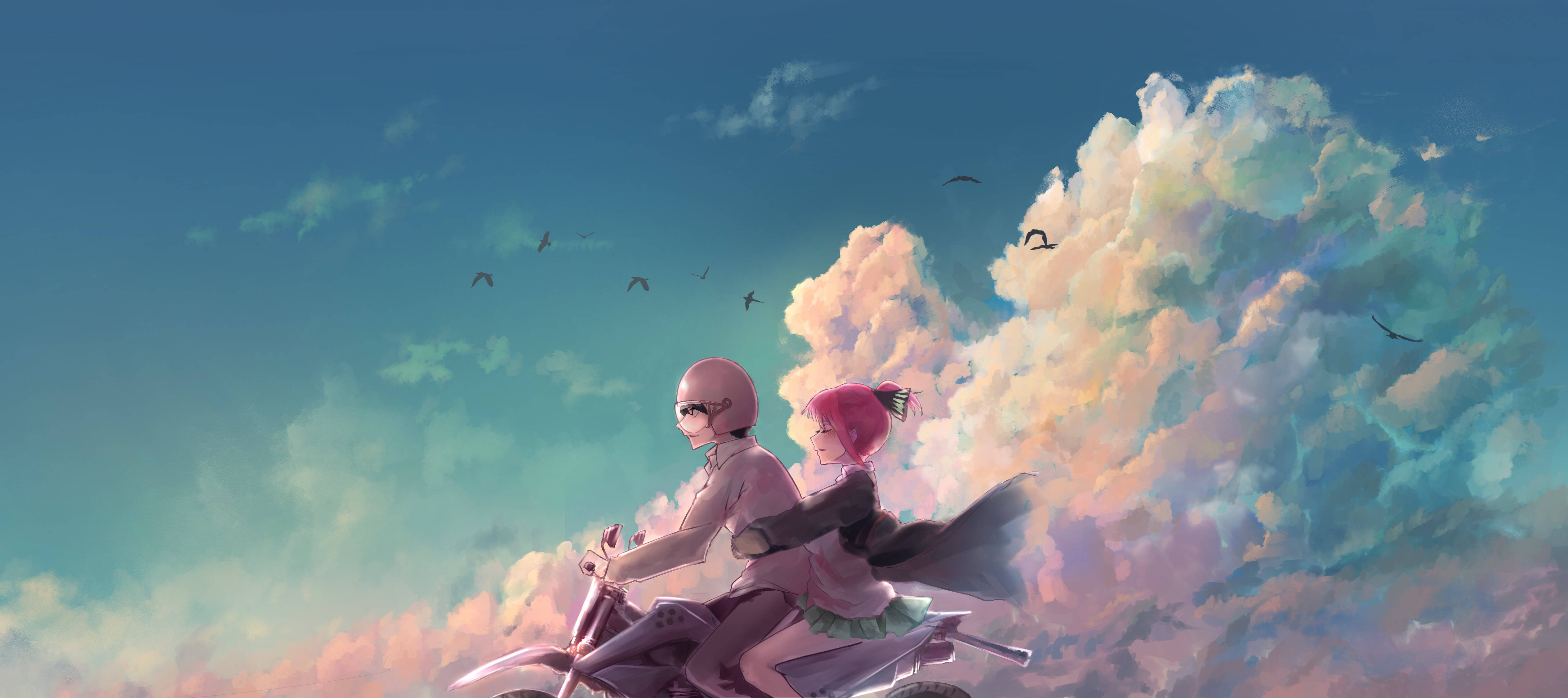Aesthetic Anime Desktop, boy and girl, flying bike, 4K Desktop Wallpaper