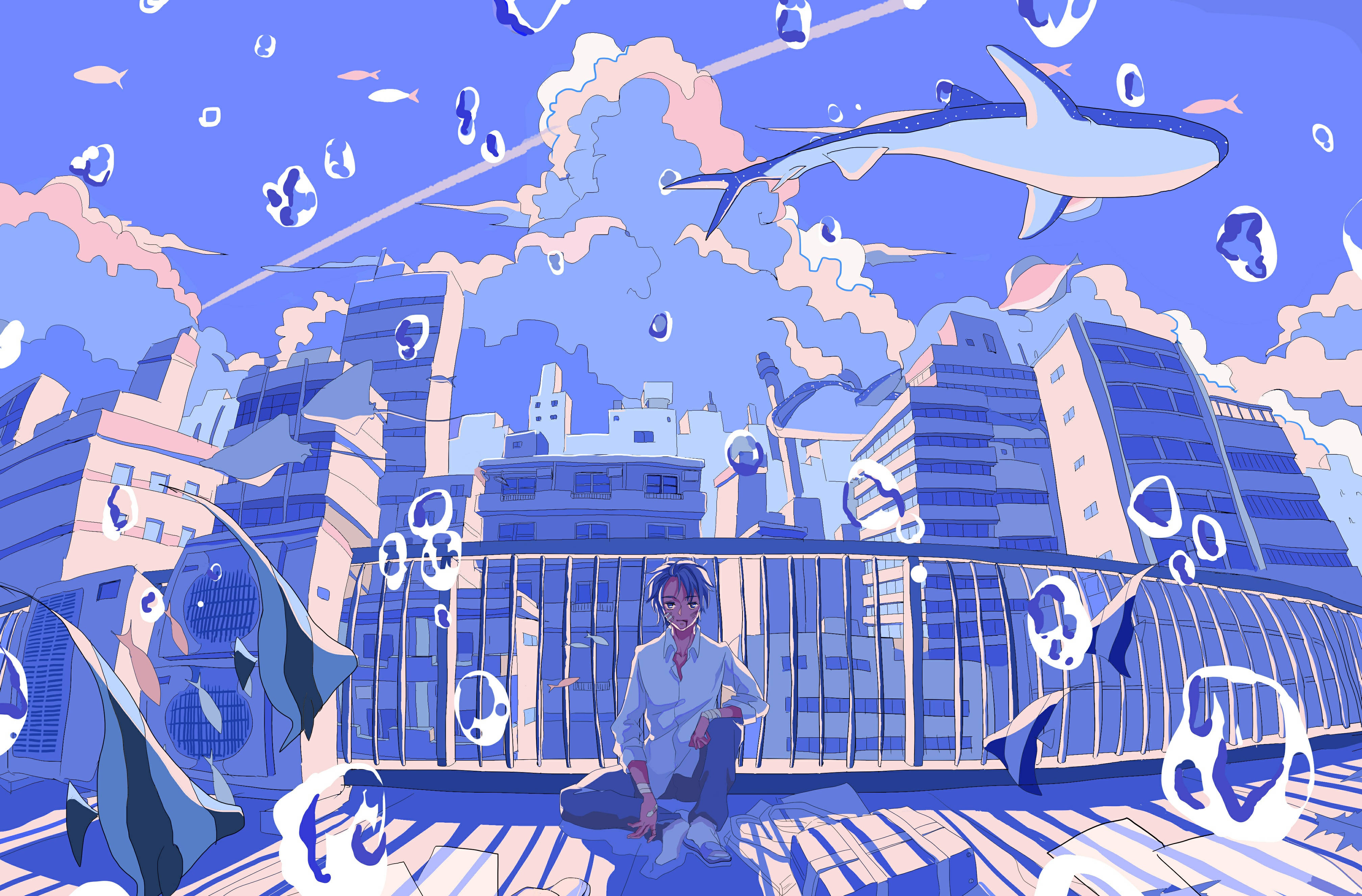 Aesthetic Anime Desktop, man on railing, flying fish, 4K Desktop Wallpaper