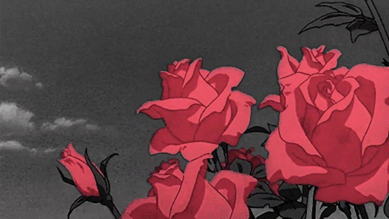 vintage anime roses, vibrant red roses, moody grayscale sky, HD Desktop Wallpaper
