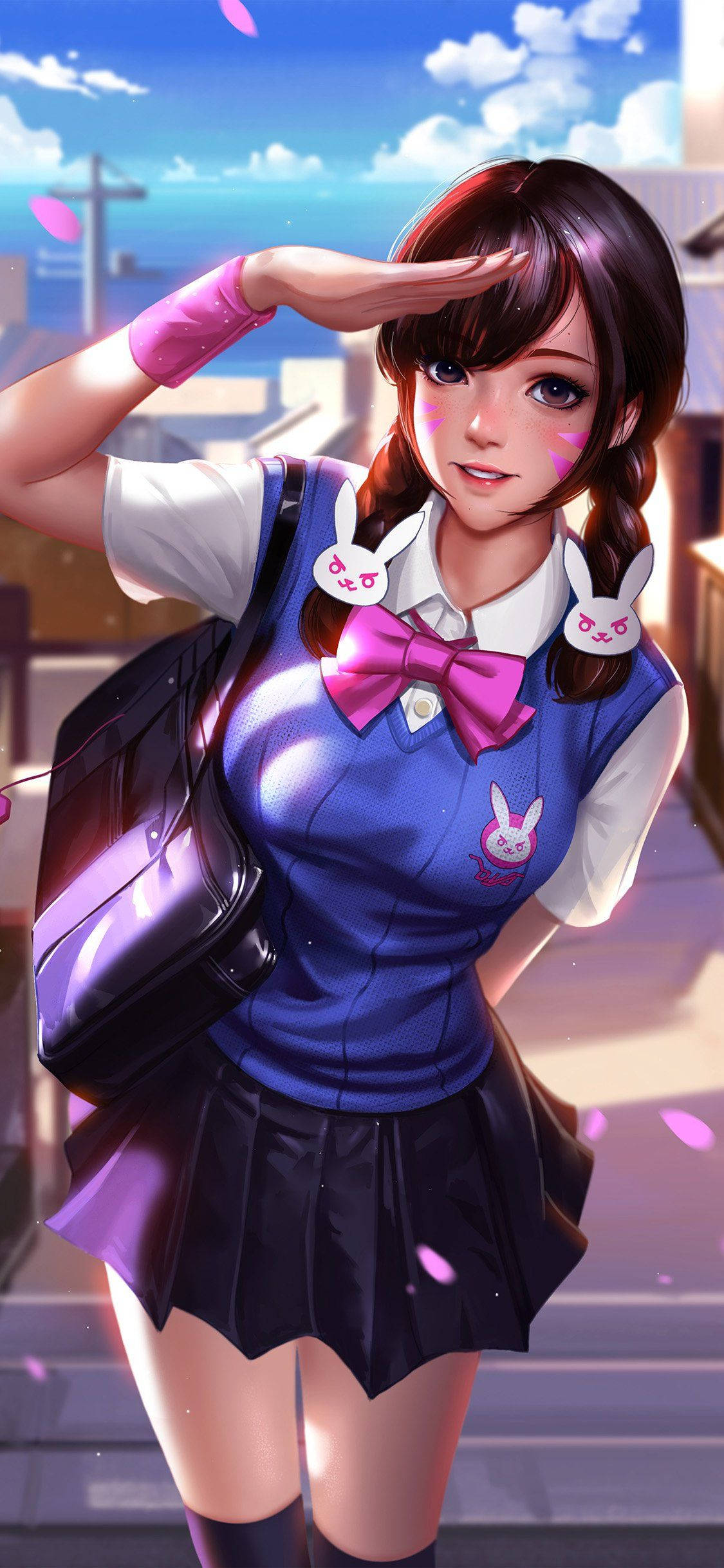 anime girl, blue bunny-themed school uniform, bright sky, Full HD Phone Wallpaper
