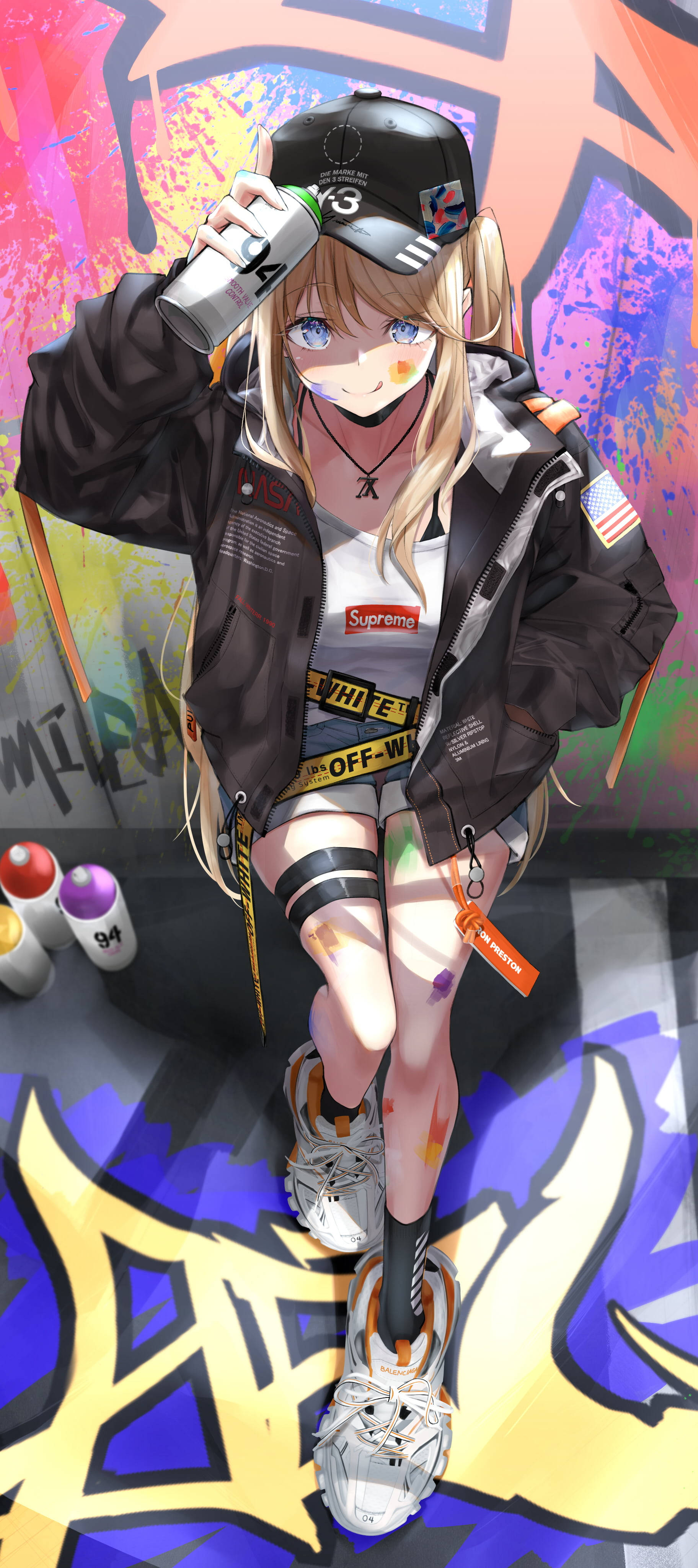 anime girl, streetwear, spray can, 4K Phone Wallpaper