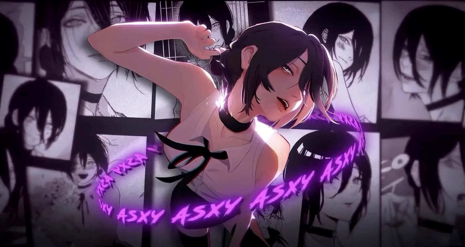 anime girl, black hair, glowing purple text, Full HD Desktop Wallpaper