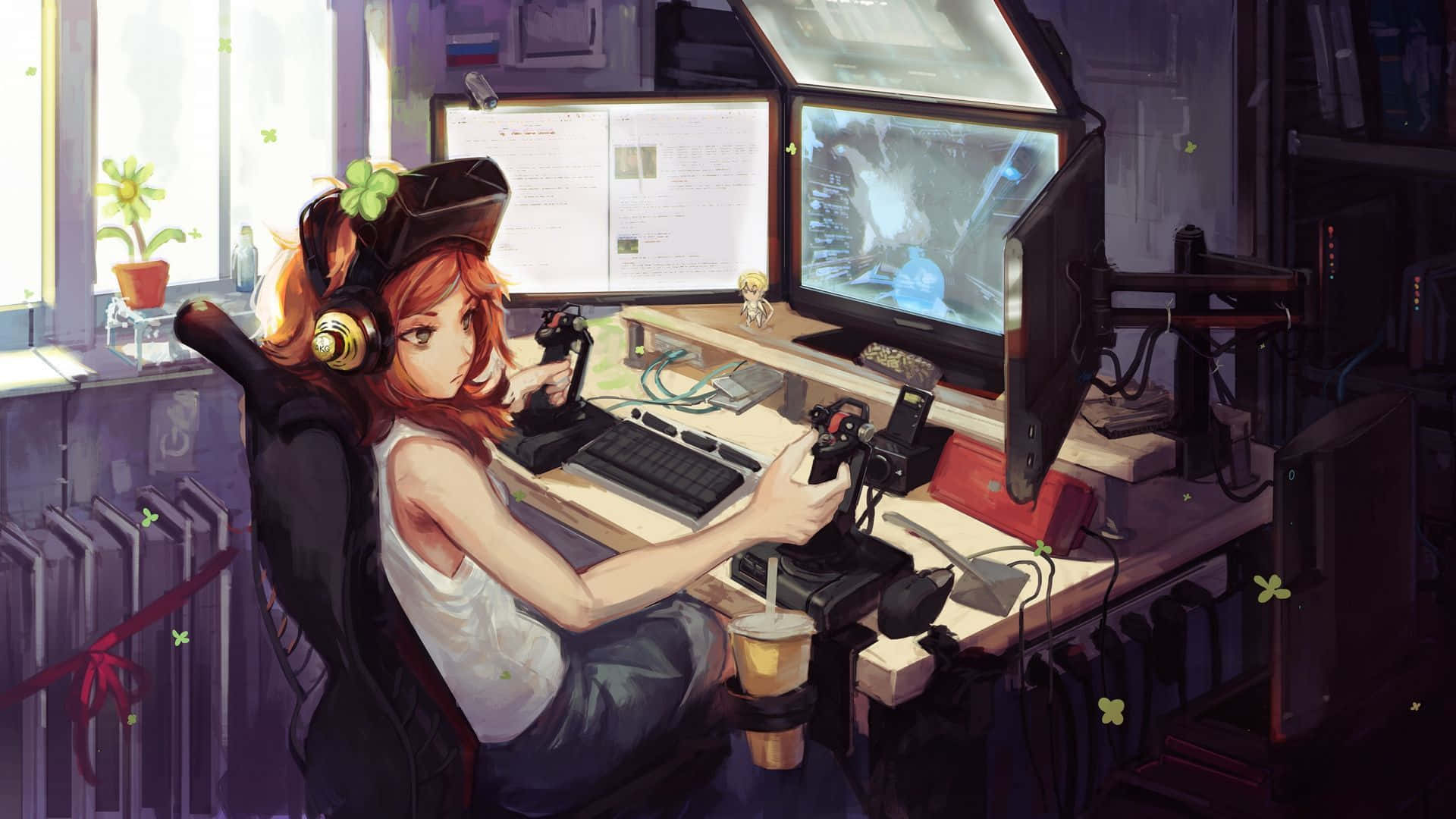 red hair, gaming chair, flight simulator, Full HD Desktop Wallpaper
