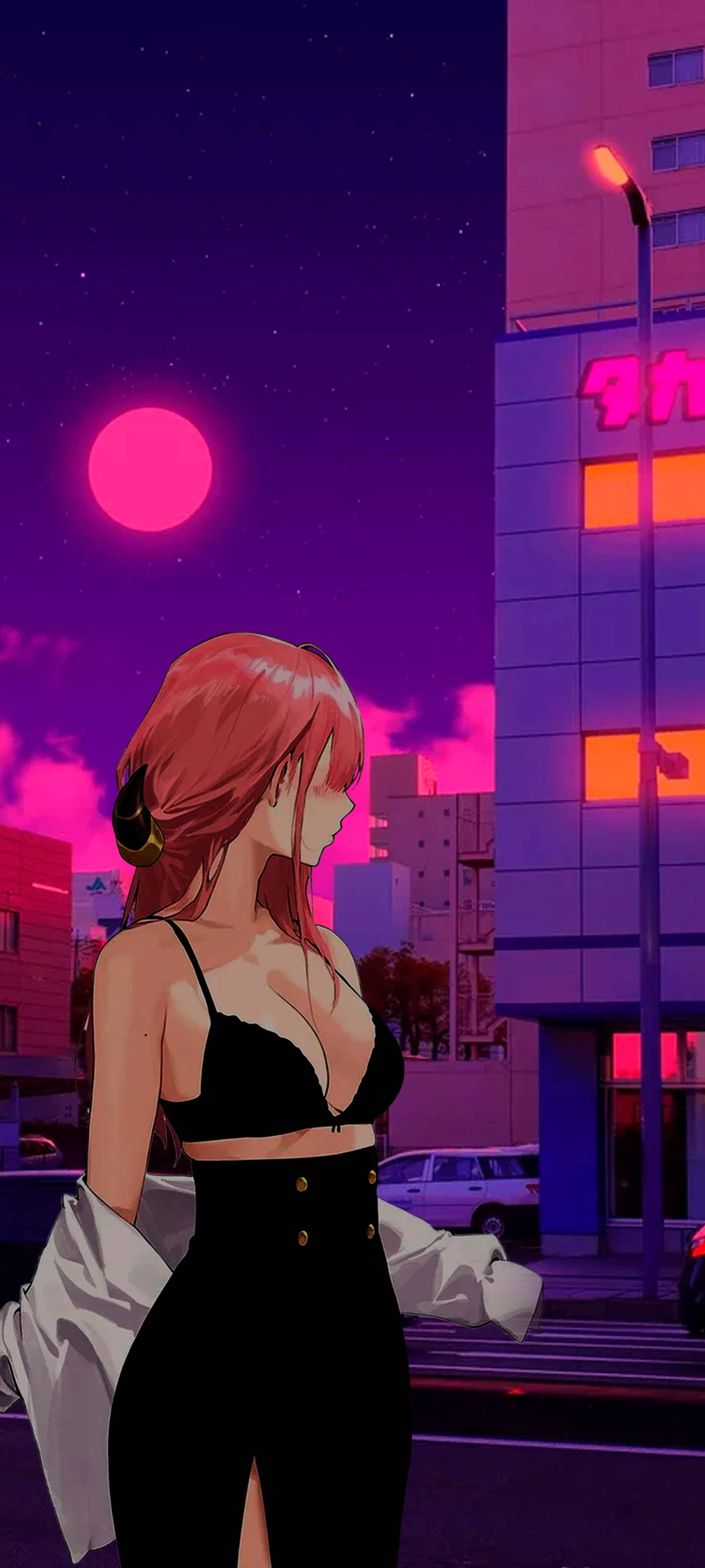 magenta, red-haired anime girl, black outfit, 2K Phone Wallpaper
