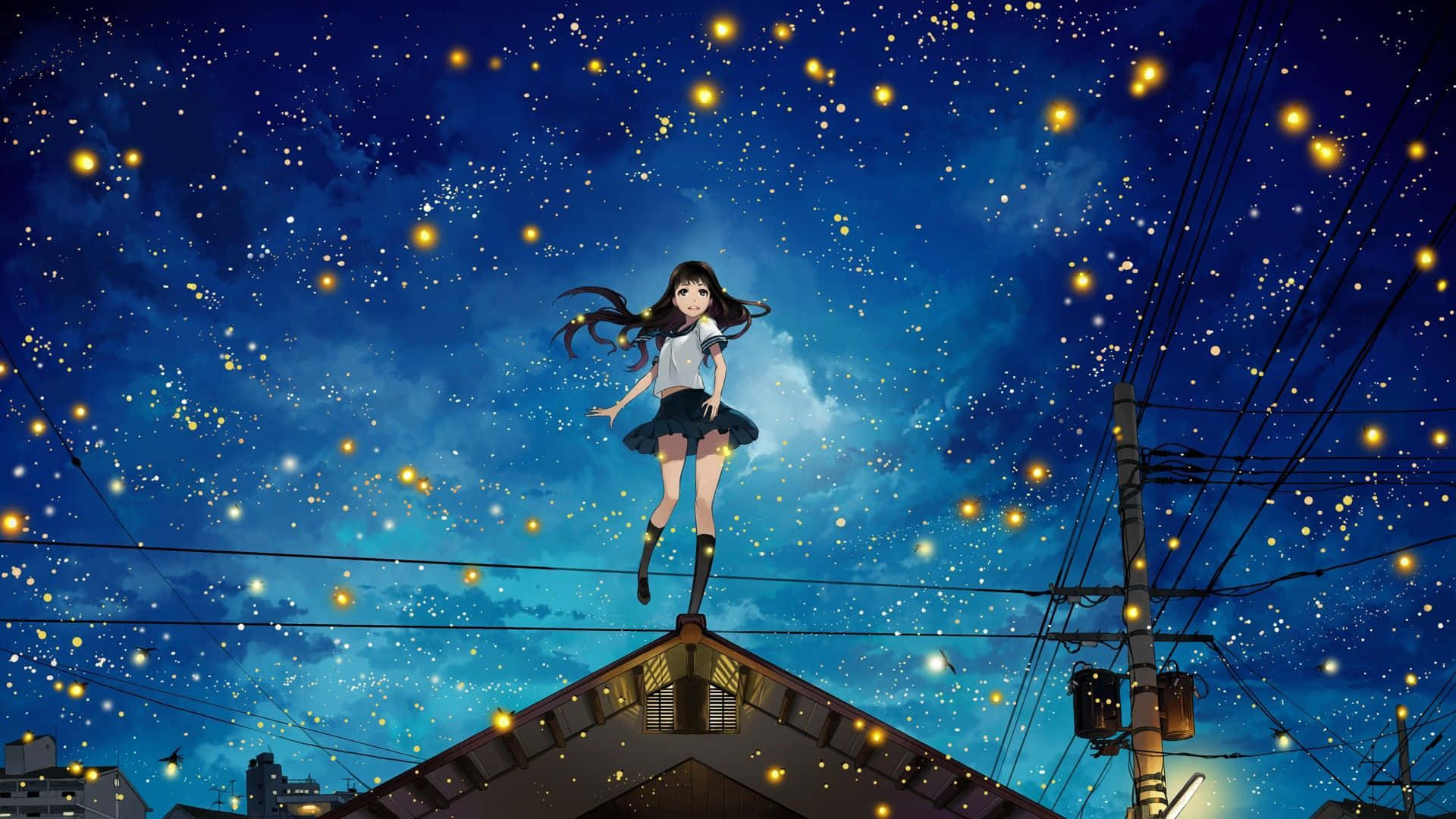 school uniform, rooftop, starry night sky, Full HD Desktop Wallpaper