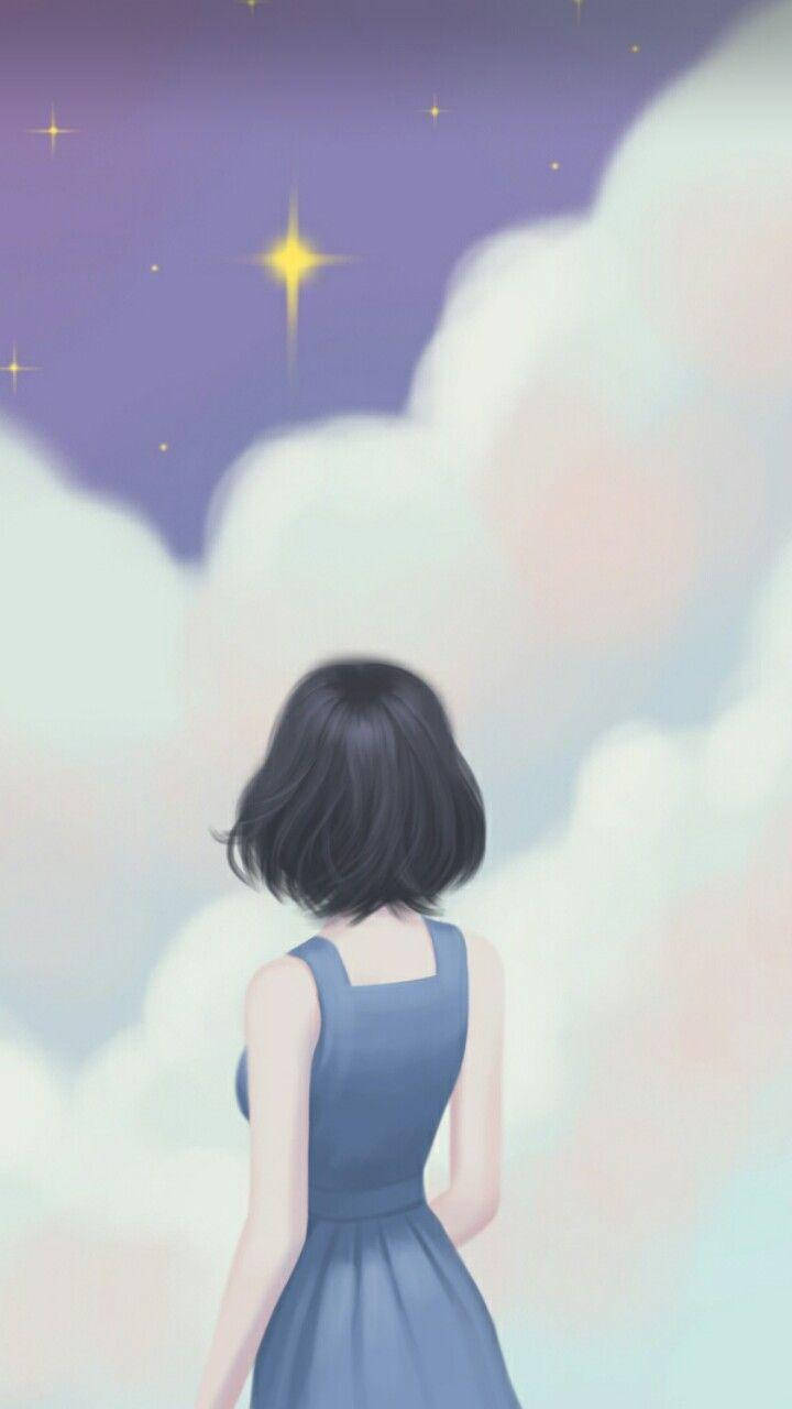 aesthetic anime girl, twinkling stars, soft pastel clouds, HD Phone Wallpaper