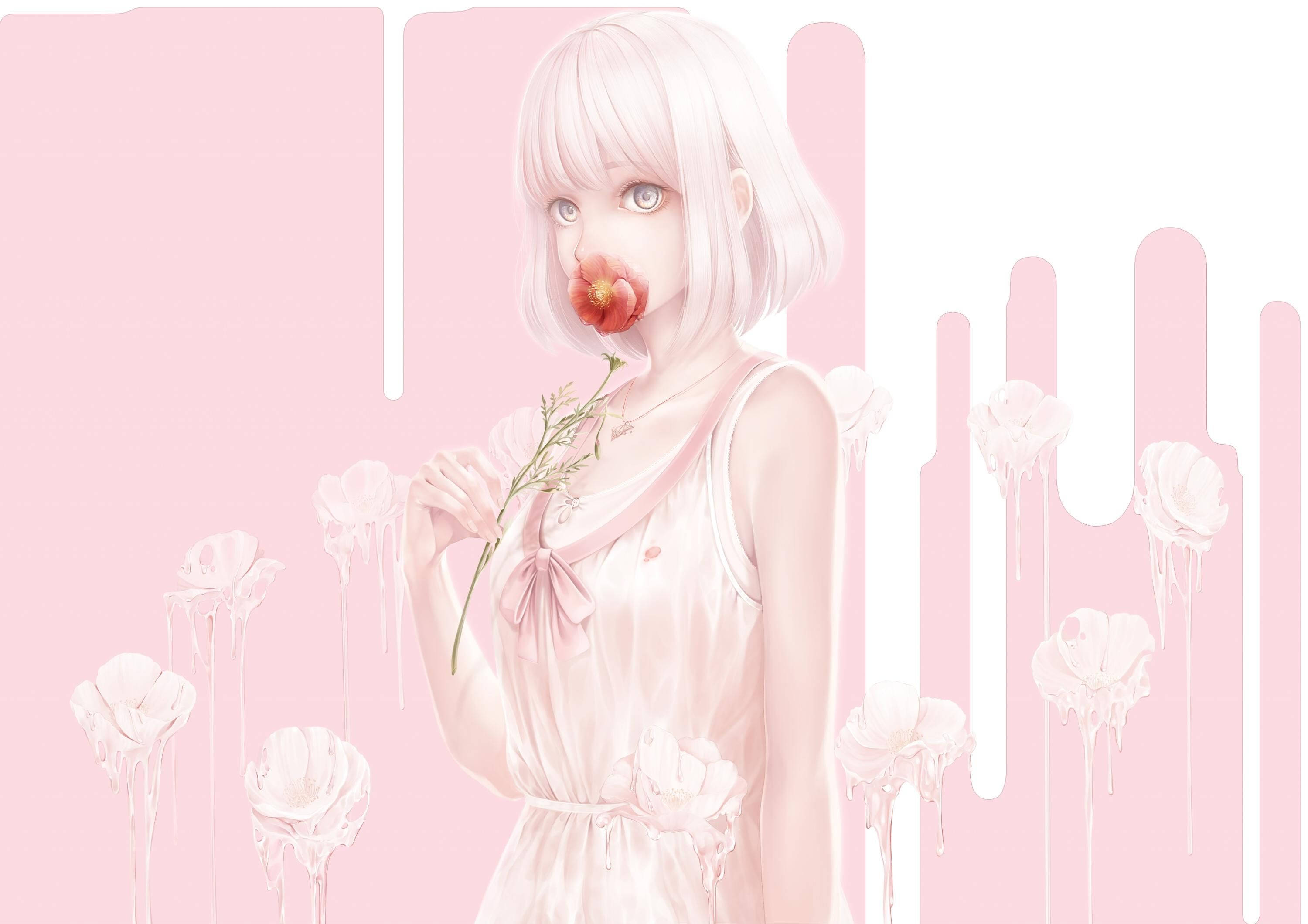 aesthetic anime girl, pastel, white hair, 2K Desktop Wallpaper
