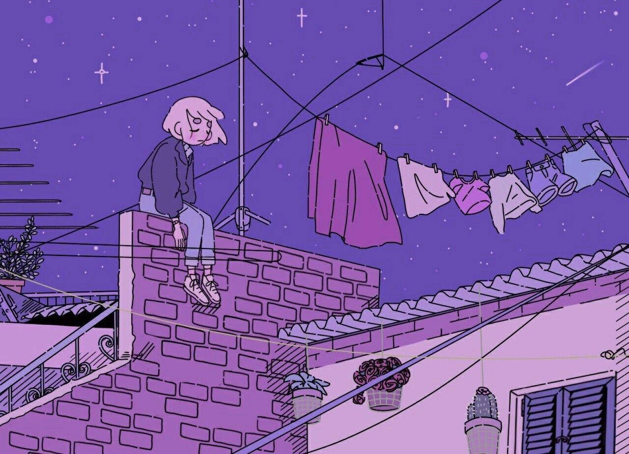 Aesthetic Anime Girl, purple night, rooftop, HD Desktop Wallpaper