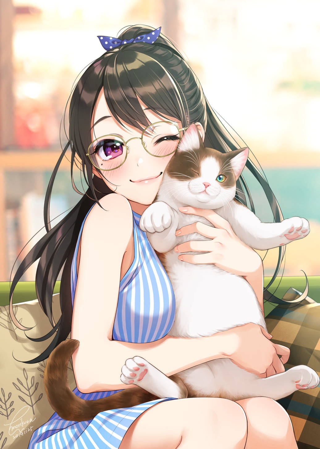 Aesthetic Anime Girl, cat, blue bow, HD Phone Wallpaper