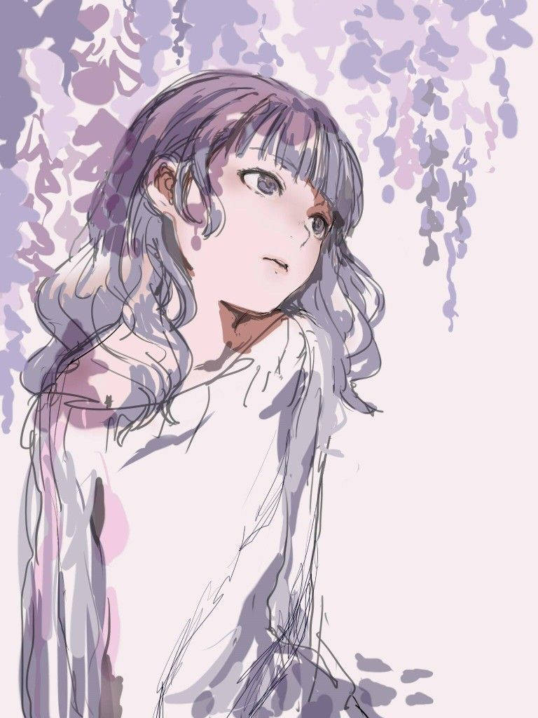 aesthetic anime girl, lavender hair, wisteria blossoms, SD Phone Wallpaper