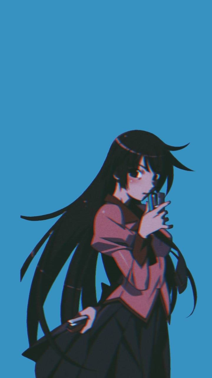 anime girl, long black hair, phone, HD Phone Wallpaper