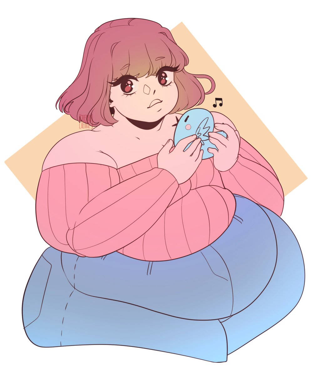 pink-haired anime girl, cozy sweater, blue plushie, SD Phone Wallpaper