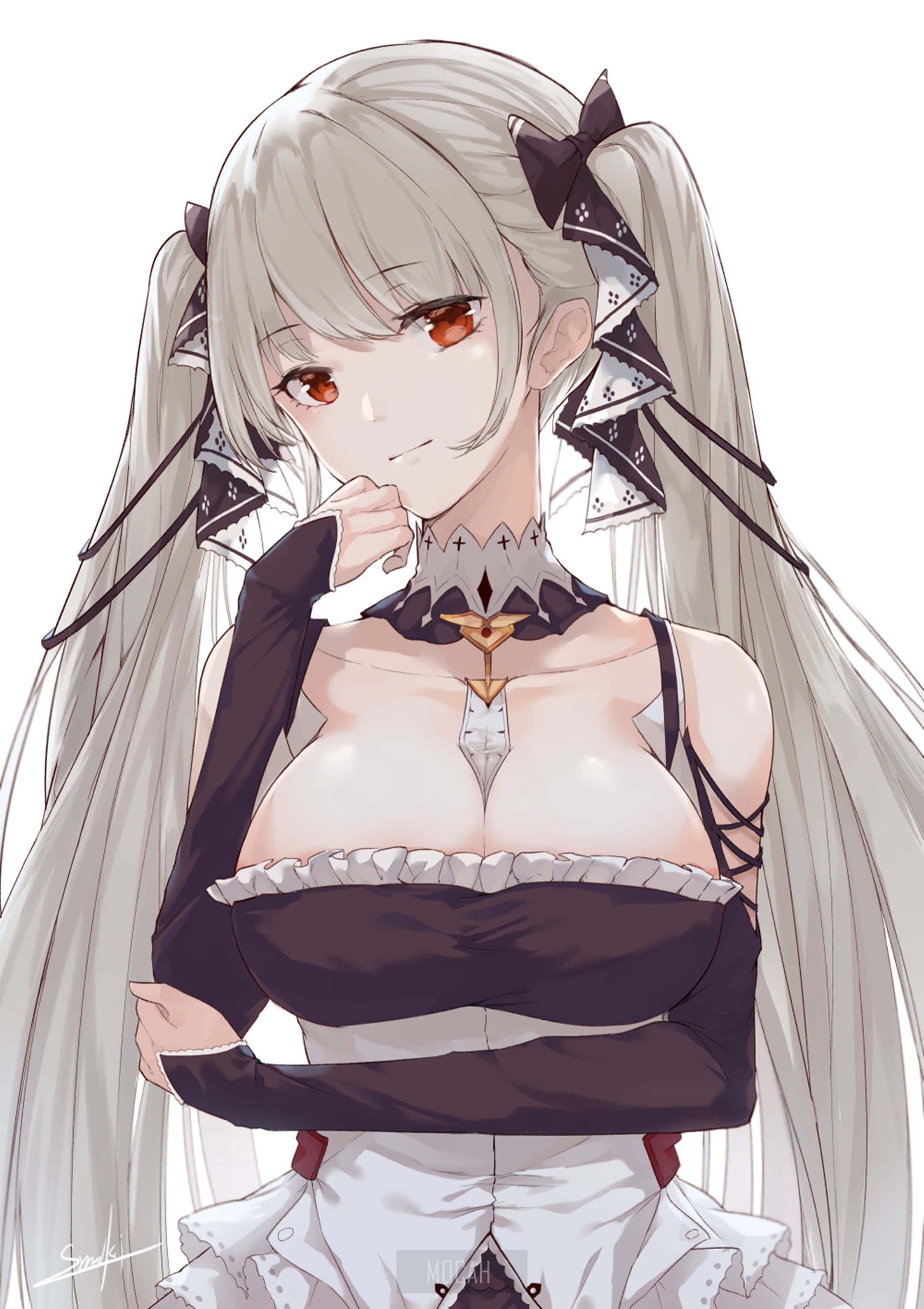silver pigtails, red eyes, black and white gothic outfit, 2K Phone Wallpaper