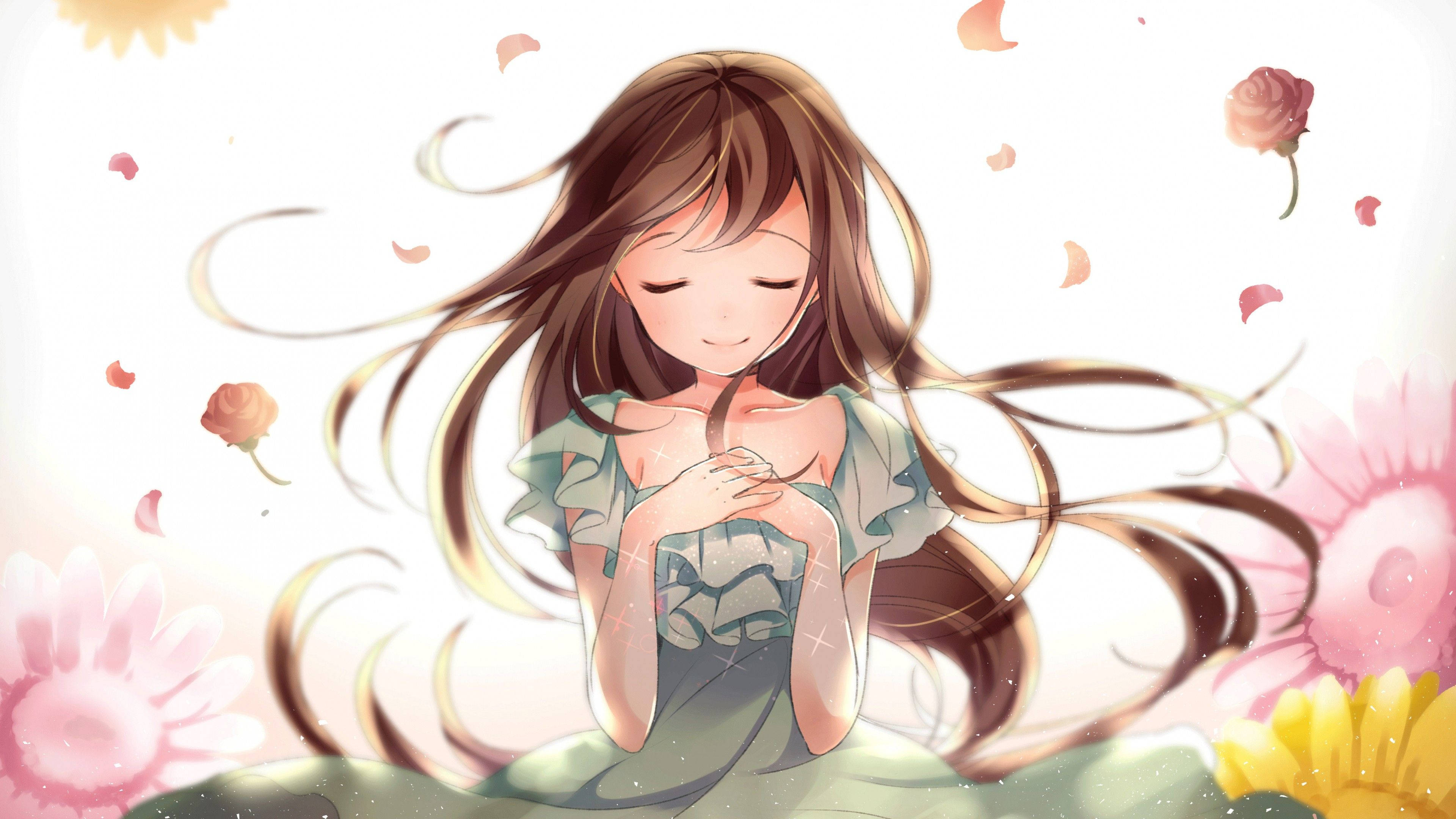anime girl, flowing brown hair, rose petals, 4K Desktop Wallpaper