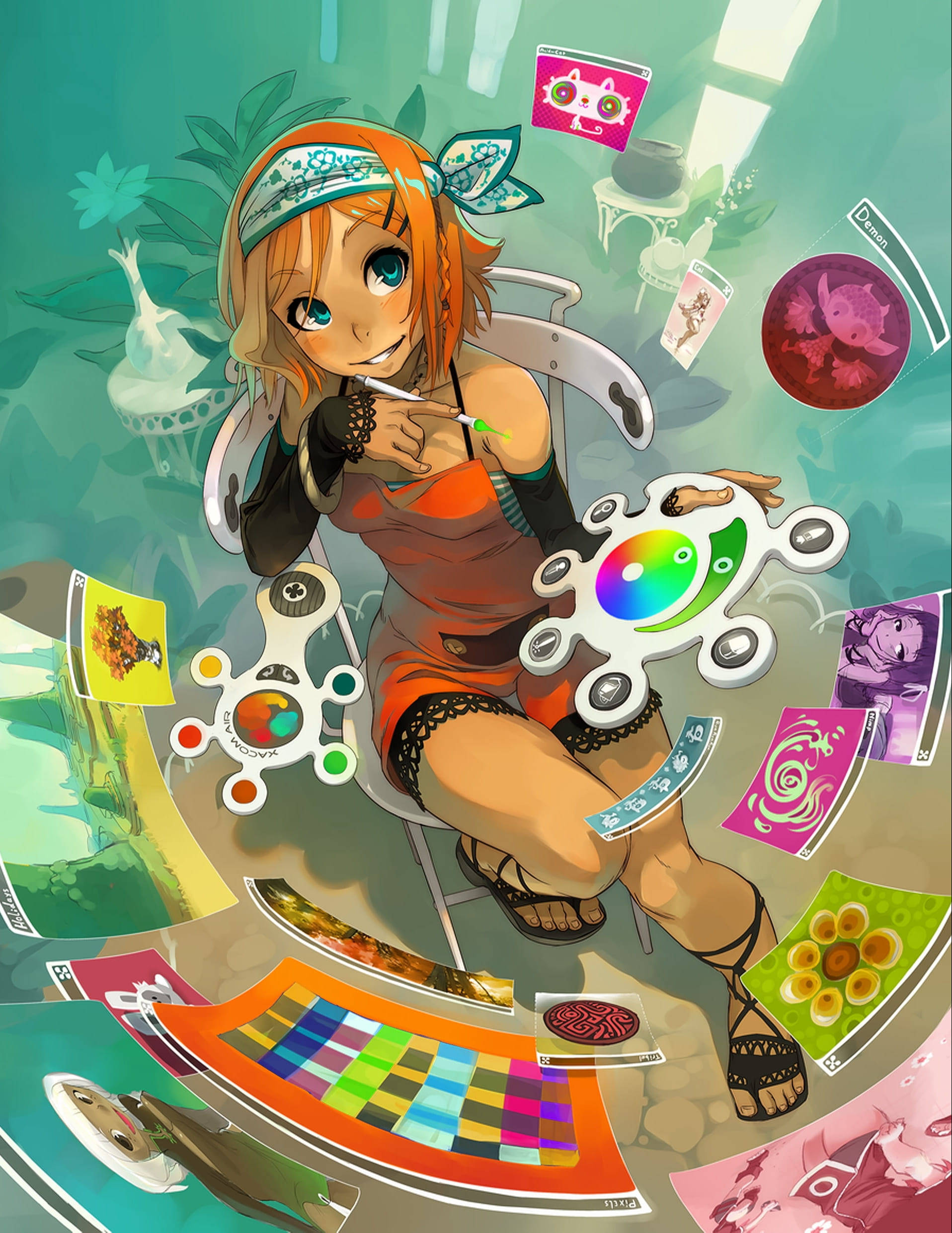orange hair, floating digital art tools, colorful design palettes, Full HD Phone Wallpaper