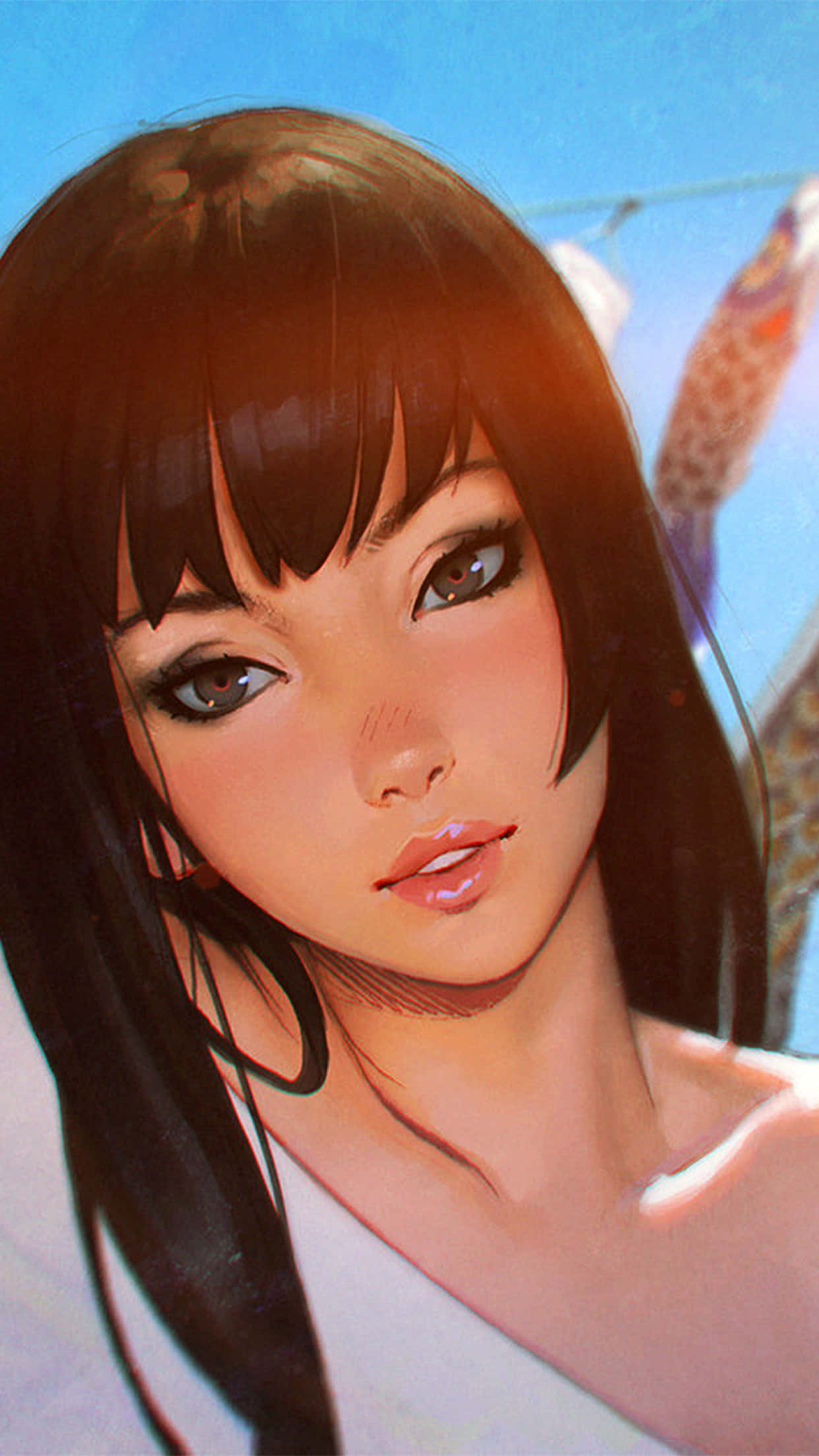 anime girl, dark hair, soft gaze, Full HD Phone Wallpaper