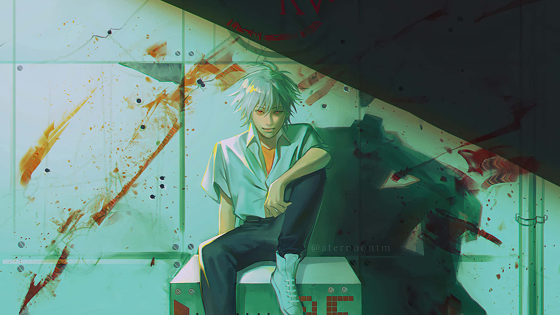 aesthetic anime guy, pale-haired anime boy, graffiti-splattered room, Full HD Desktop Wallpaper