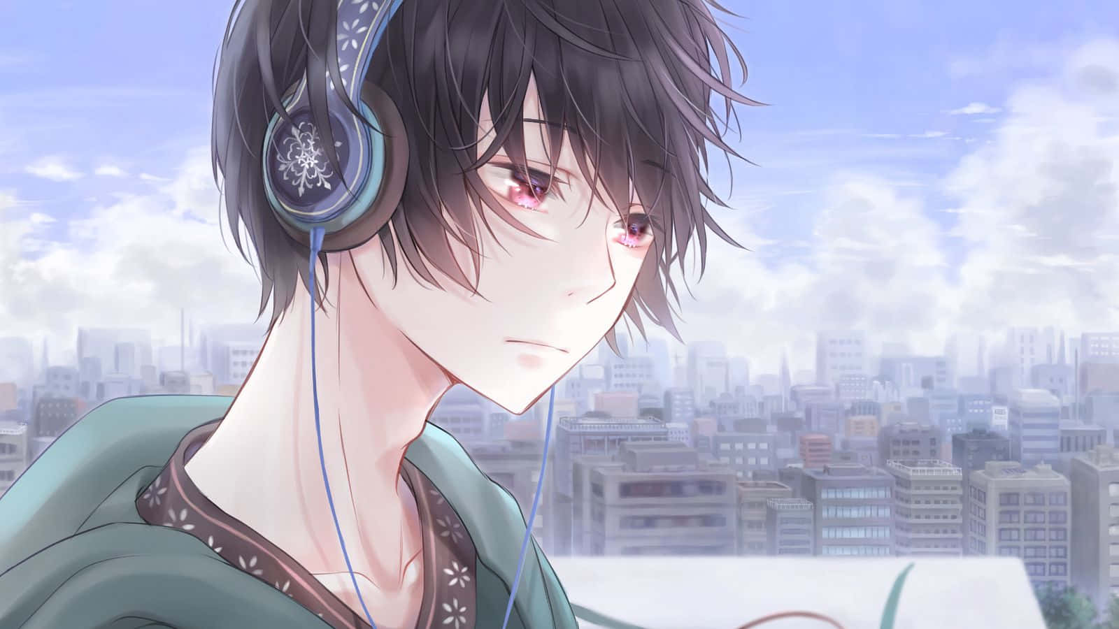 Aesthetic Anime Guy, headphones, cityscape, HD Desktop Wallpaper