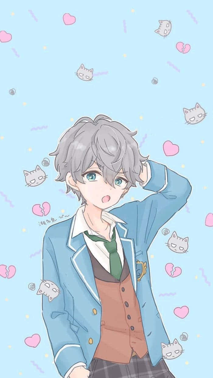 Aesthetic Anime Guy, gray hair, blue eyes, SD Phone Wallpaper