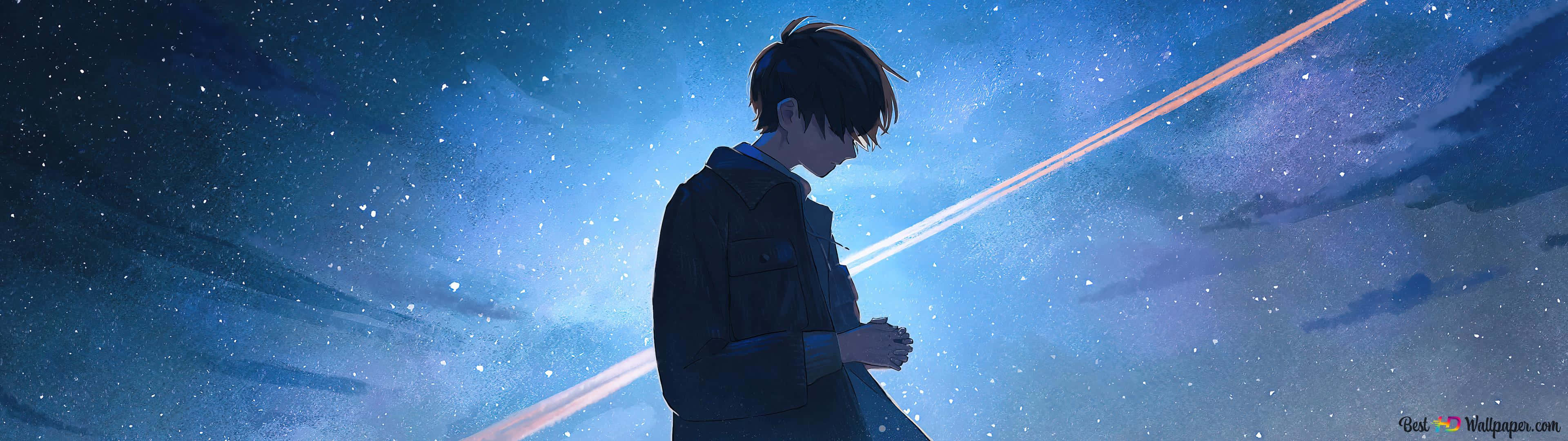 aesthetic anime guy, dark jacket, starry night sky, 4K Desktop Wallpaper