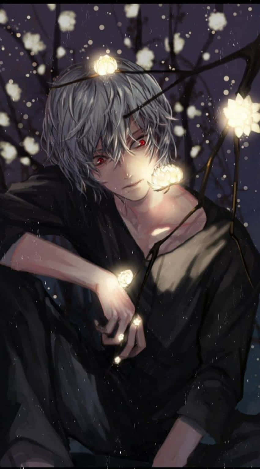 silver-haired anime boy, red eyes, glowing string lights, HD Phone Wallpaper
