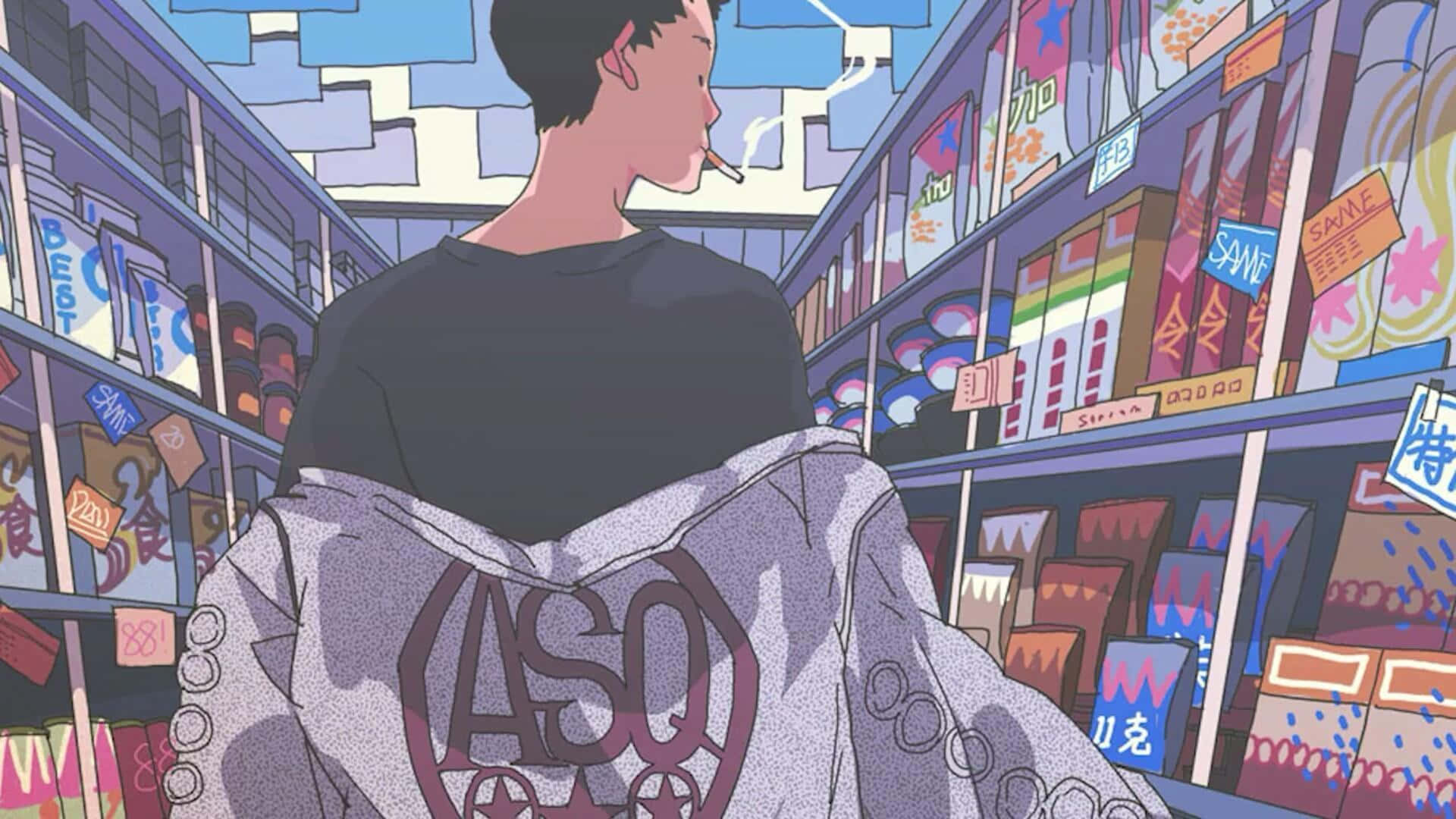 Aesthetic Anime Guy, hoodie, brightly colored anime-style convenience store aisle, Full HD Desktop Wallpaper