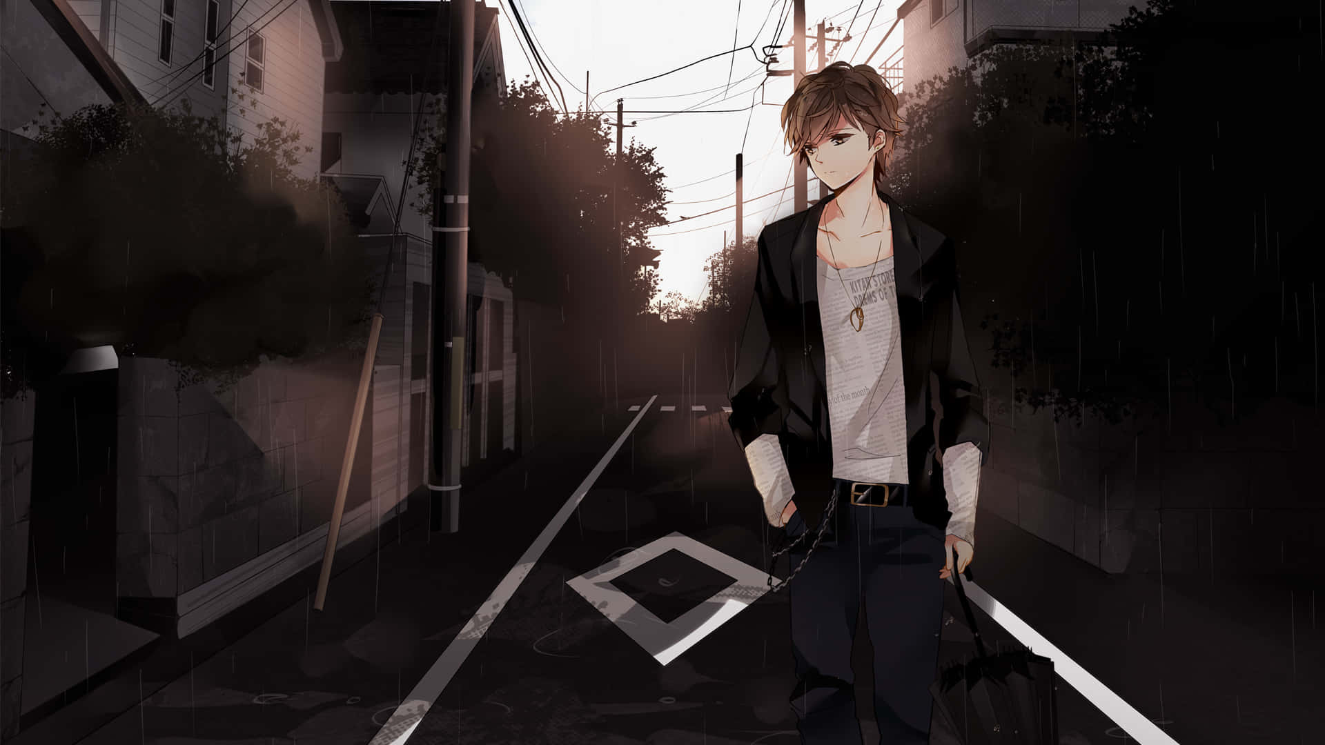 anime boy, rain-slicked alley, dusk, Full HD Desktop Wallpaper