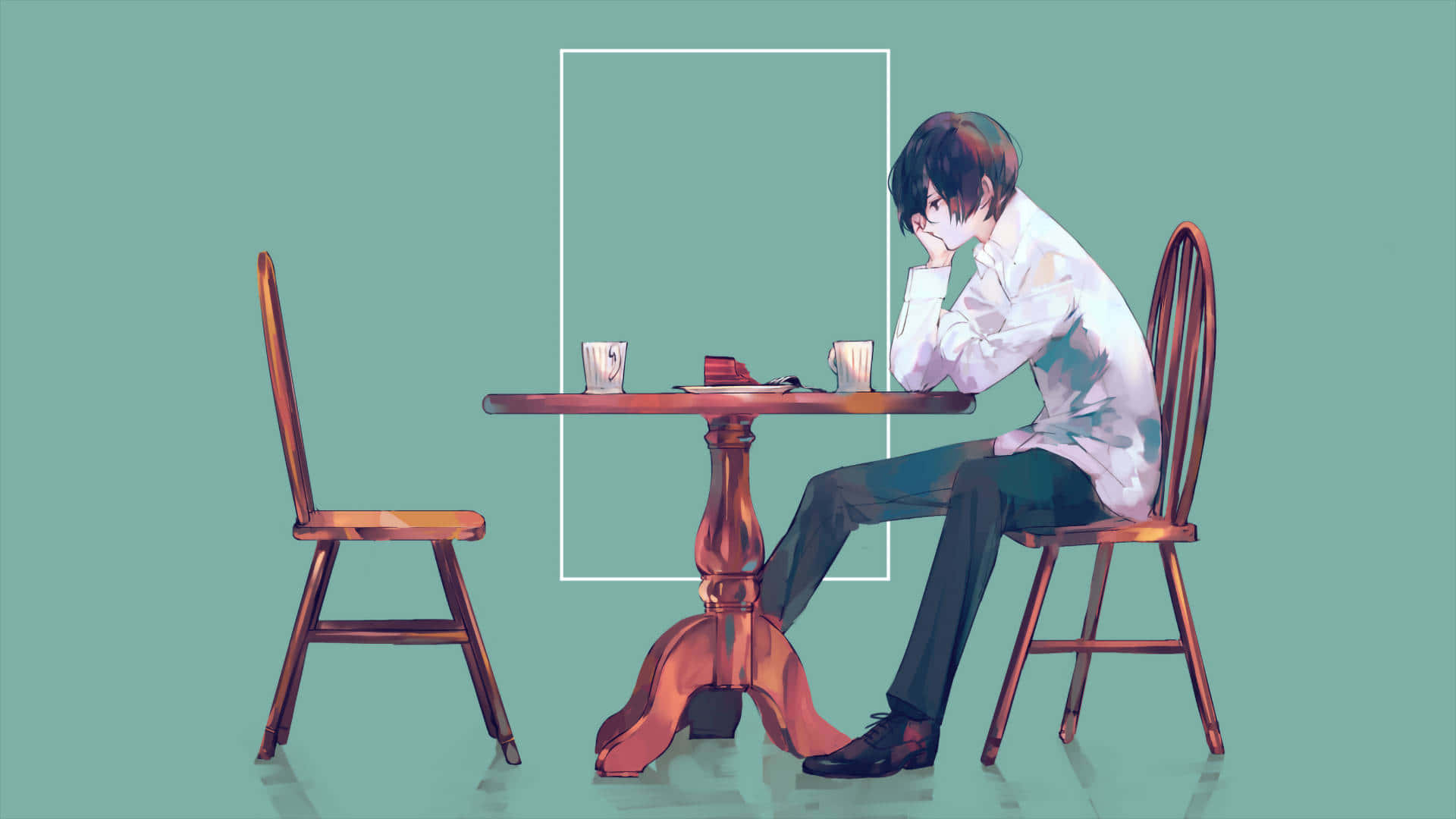 anime boy, teal room, wooden table, Full HD Desktop Wallpaper