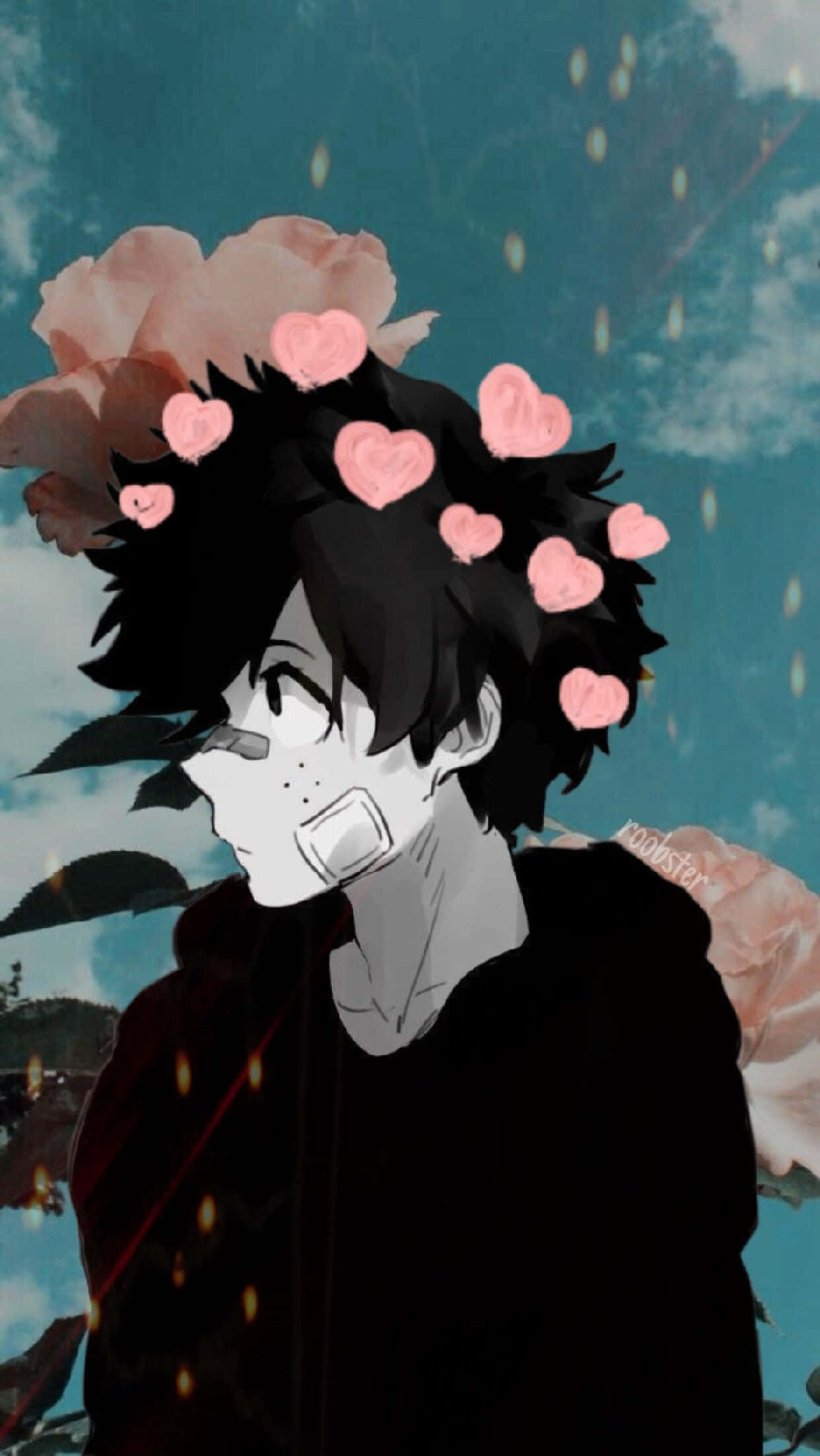 aesthetic anime guy, black hair, pink hearts, Full HD Phone Wallpaper