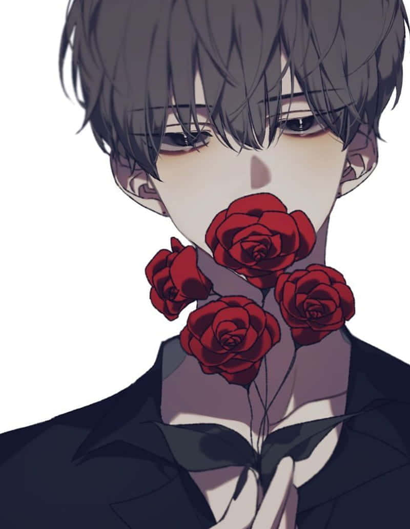 Aesthetic Anime Guy, dark hair, vivid red roses, SD Phone Wallpaper