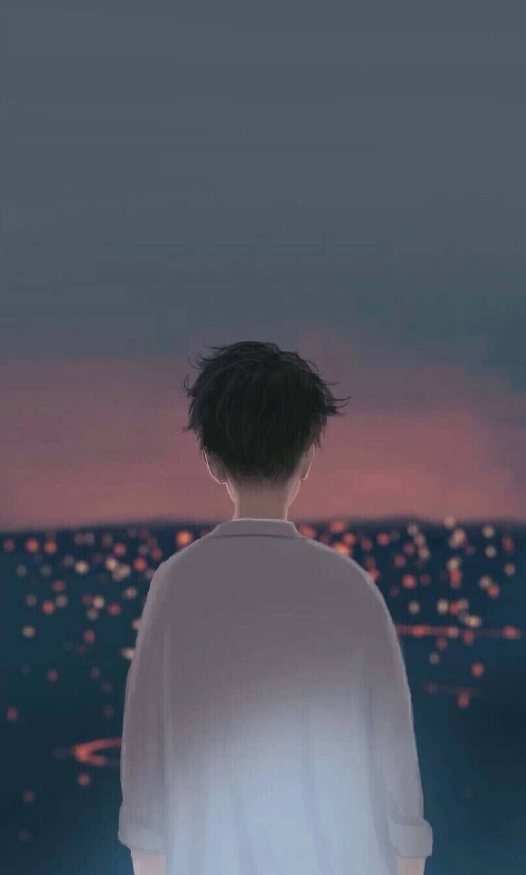 Aesthetic Anime Guy, white shirt, twilight cityscape, HD Phone Wallpaper