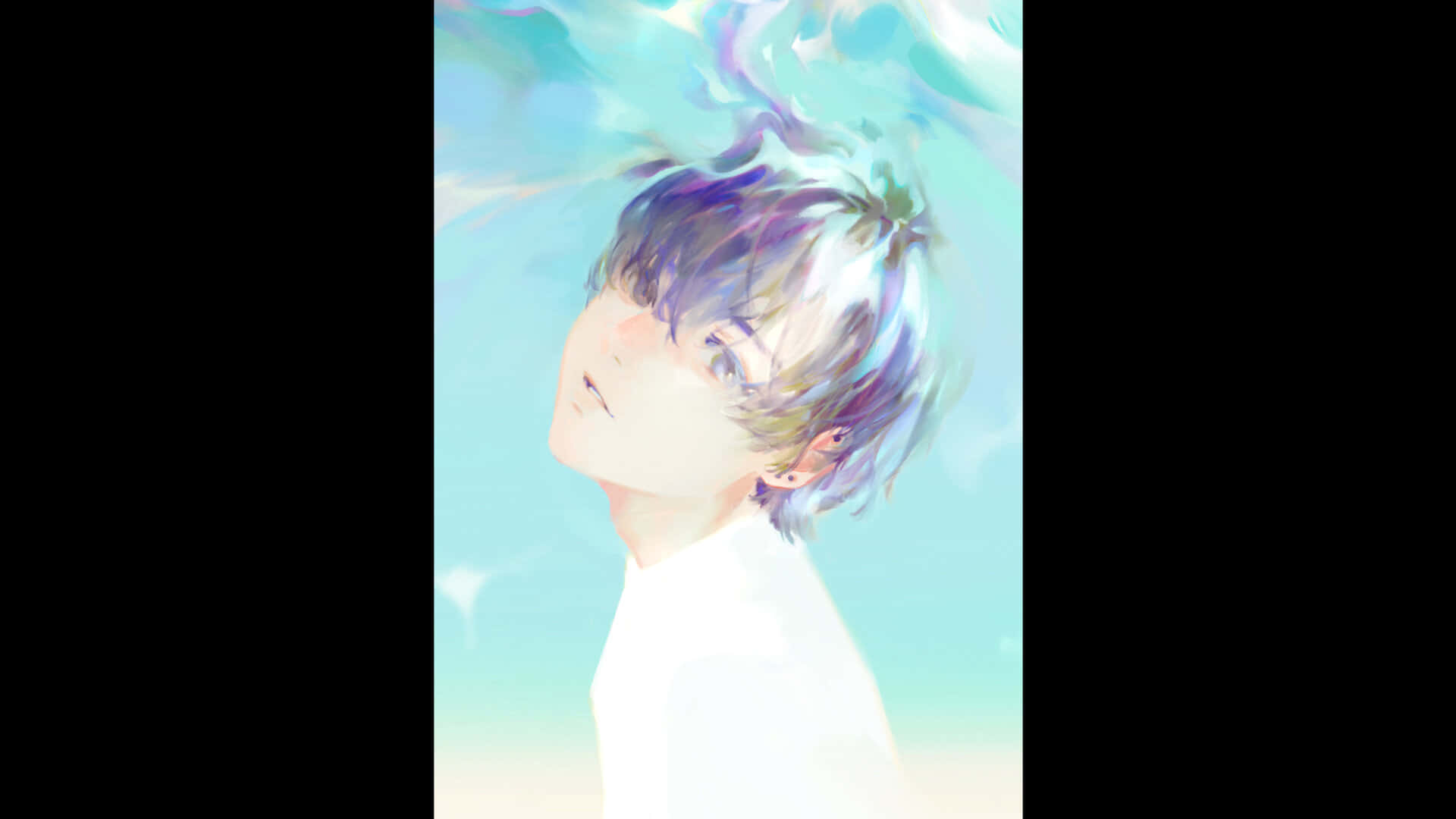 aesthetic anime guy, vibrant purple and blue hair, soft gradient sky, Full HD Desktop Wallpaper