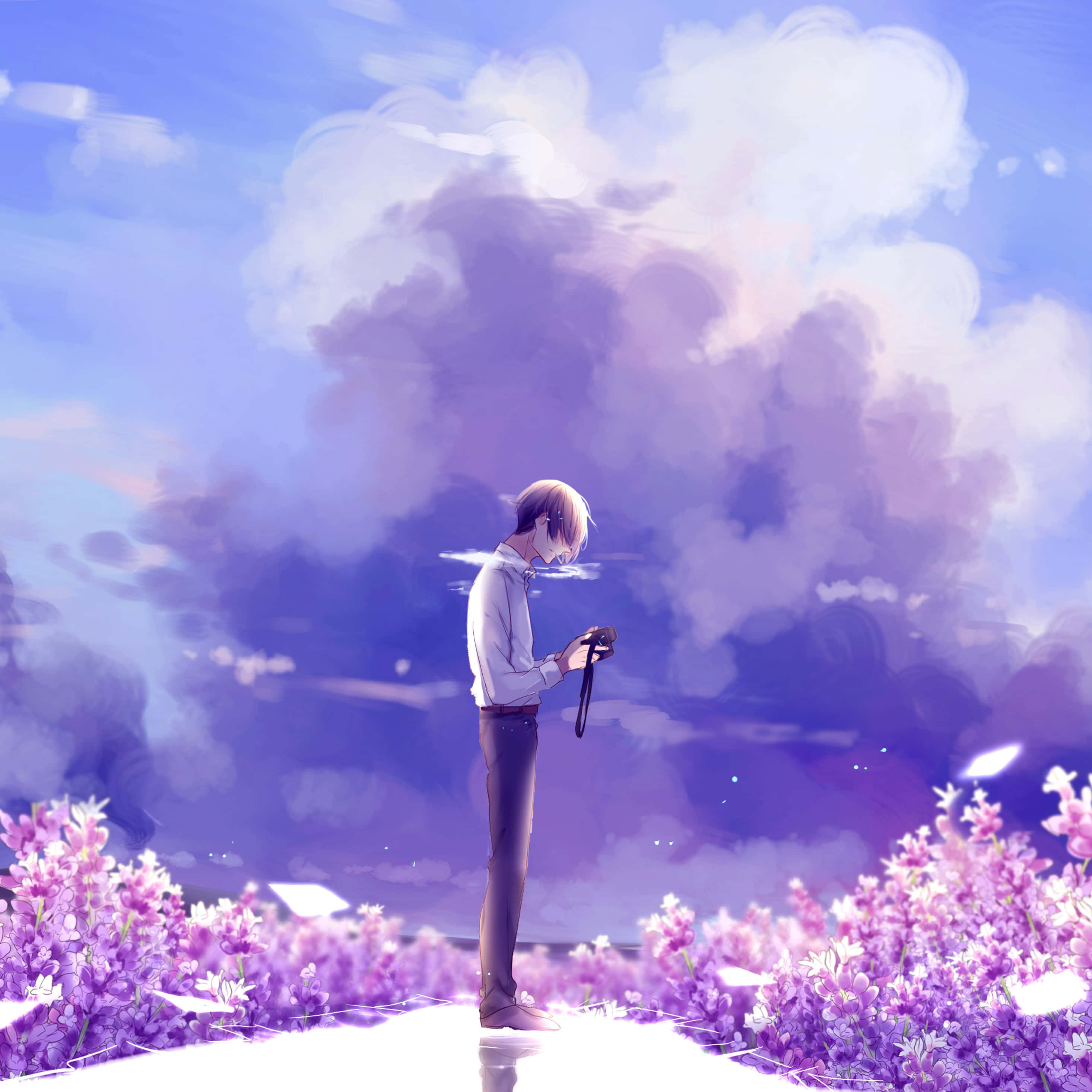aesthetic anime guy, purple flowers, twilight sky, 2K Desktop Wallpaper
