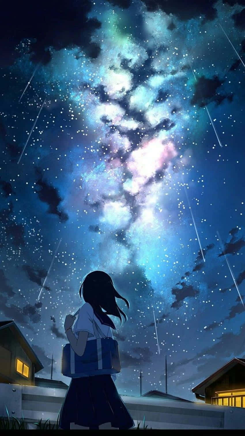 anime girl, school uniform, starry night sky, HD Phone Wallpaper